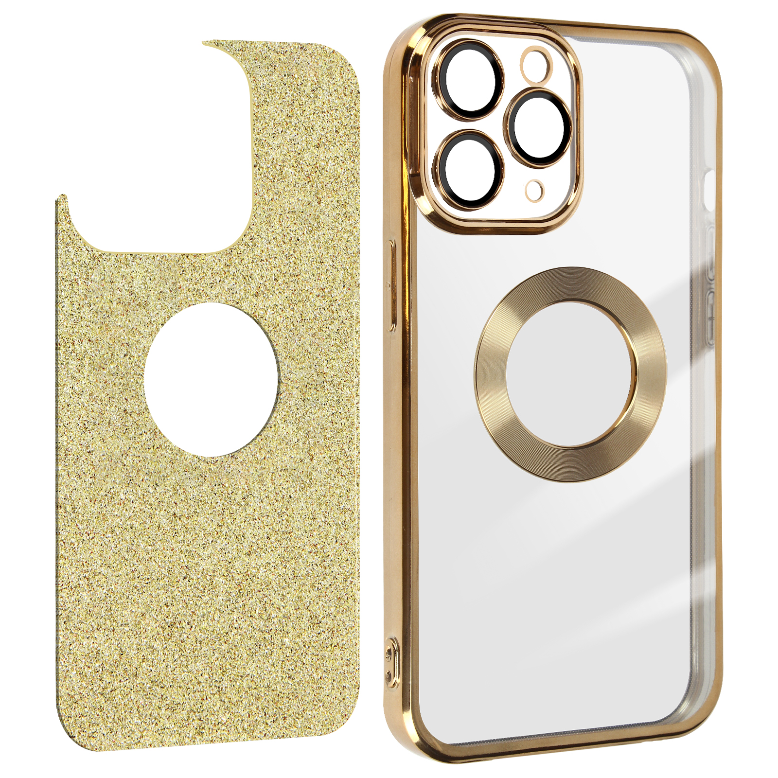 Parti della custodia del telefono: un retro dorato glitterato e un frontale trasparente con cornice dorata. Sfondo bianco.