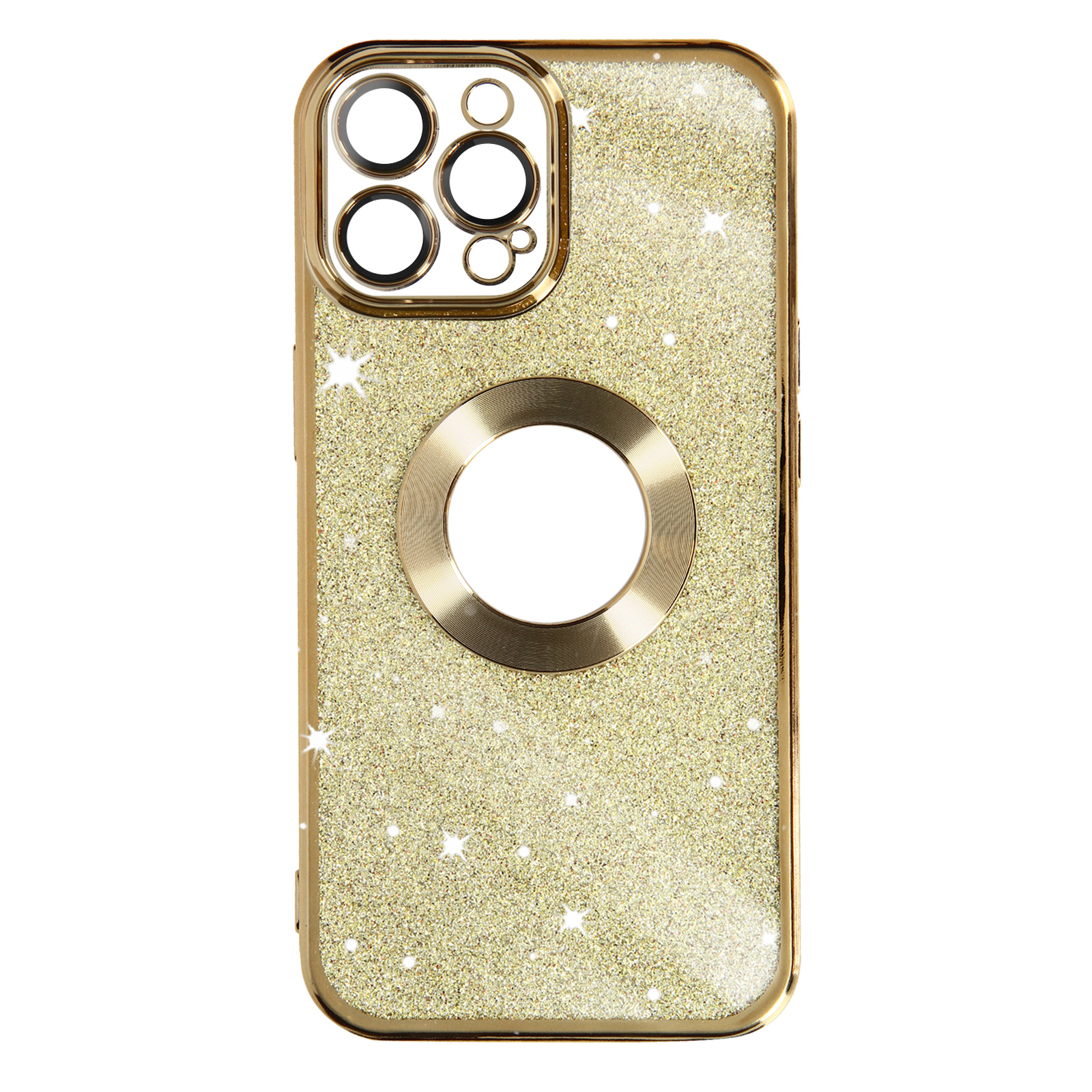 Custodia per telefono oro glitterata con supporto ad anello e ritagli per fotocamera. La custodia ha una cornice dorata.