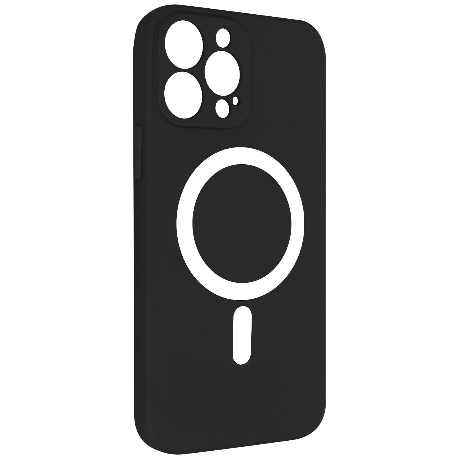 Custodia per telefono nera con un cerchio bianco e una linea sul retro. È un primo piano.
