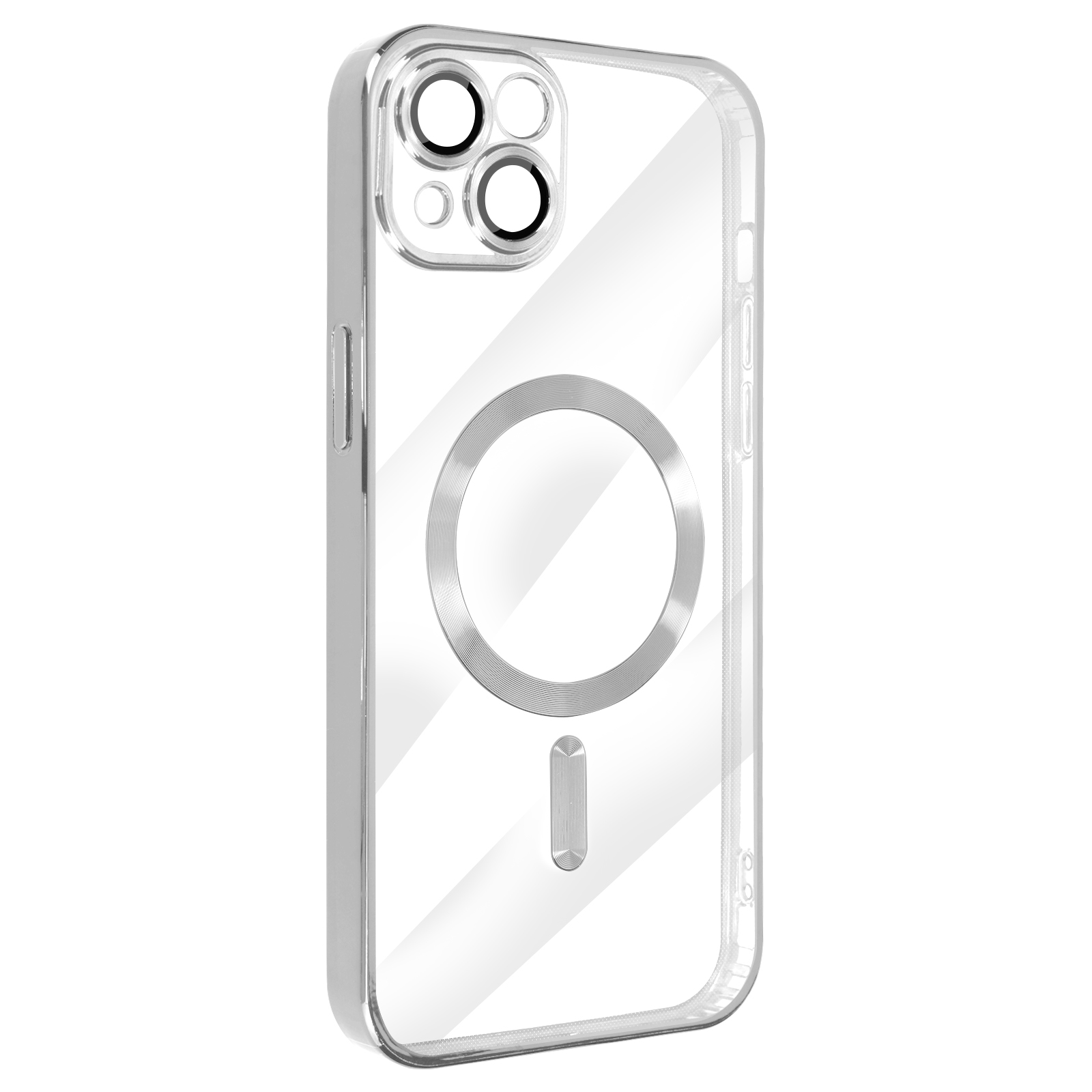 Custodia trasparente per telefono con dettagli argentati, ritagli per fotocamera e un cerchio magnetico. Sfondo bianco.