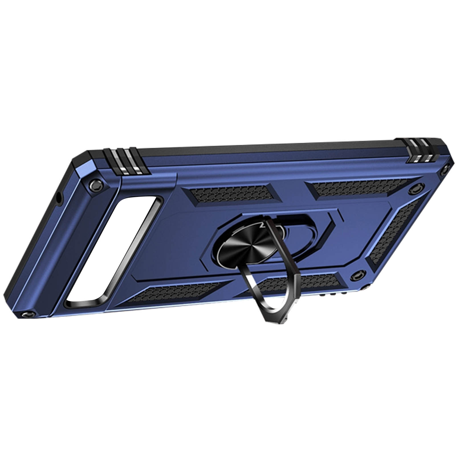 Una custodia blu per telefono con un supporto ad anello.