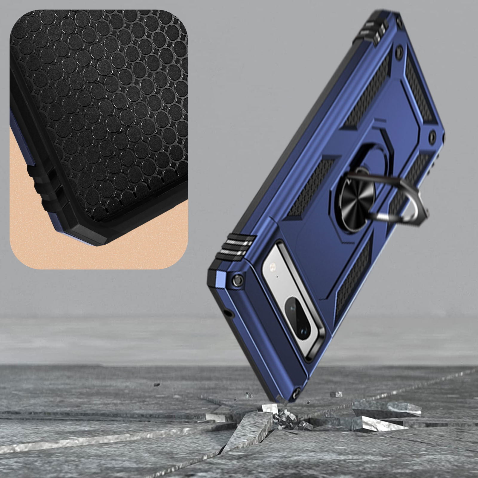 Custodia per telefono blu, supporto ad anello e primo piano dell'angolo.