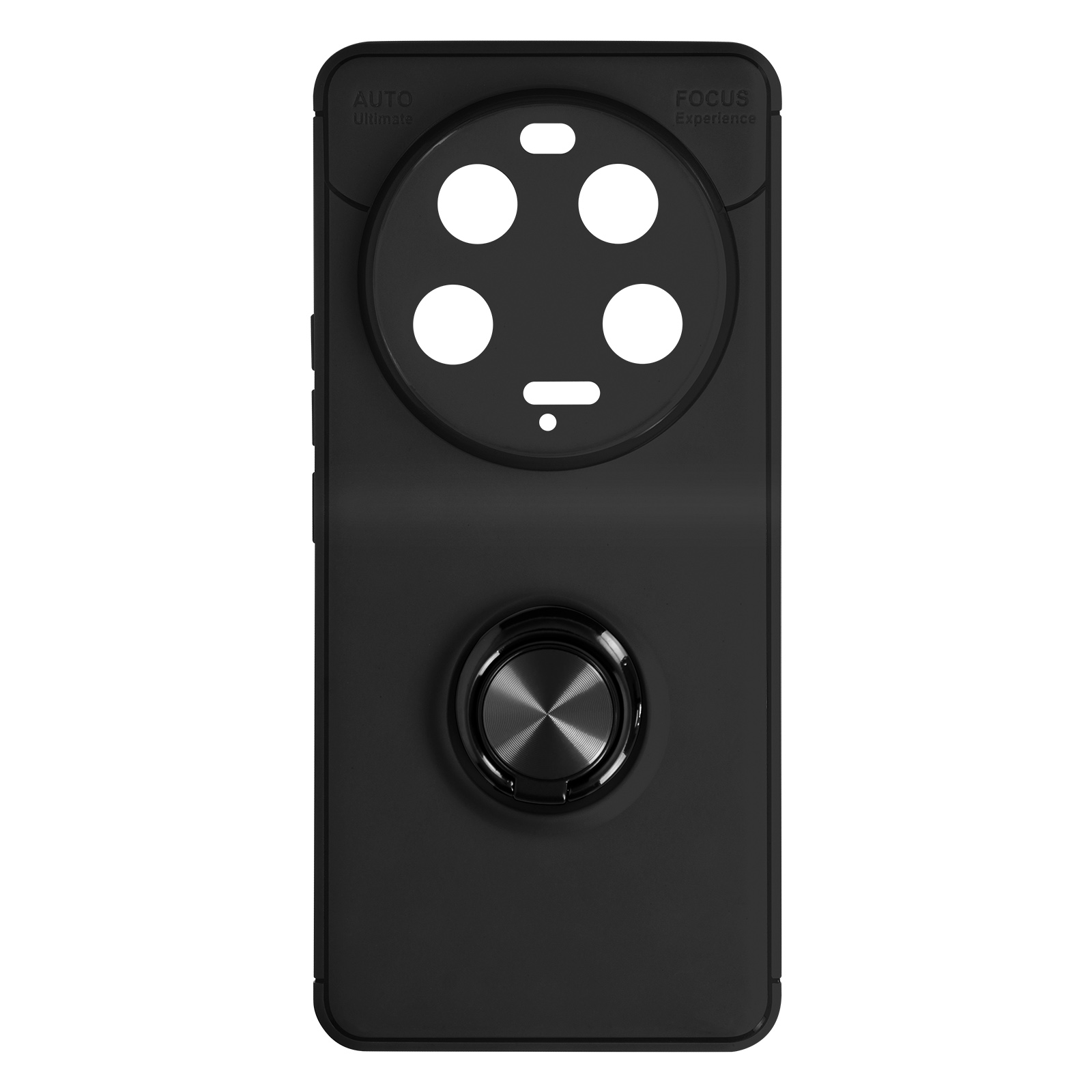 Custodia per telefono nera con ritagli per la fotocamera e un supporto ad anello.