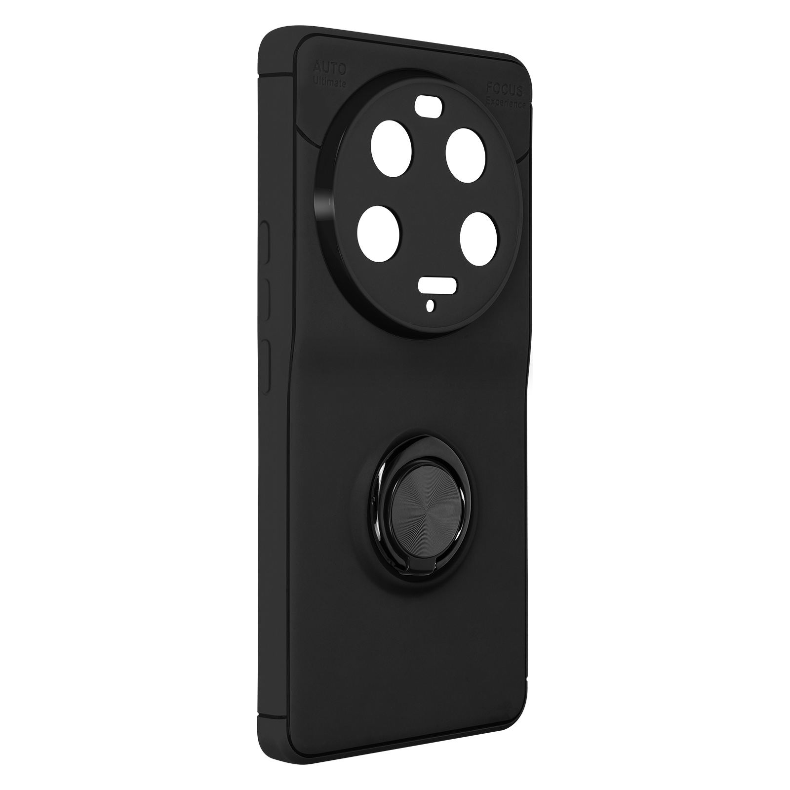 Custodia nera per telefono con anello. La custodia copre il retro e ha fori per la fotocamera.