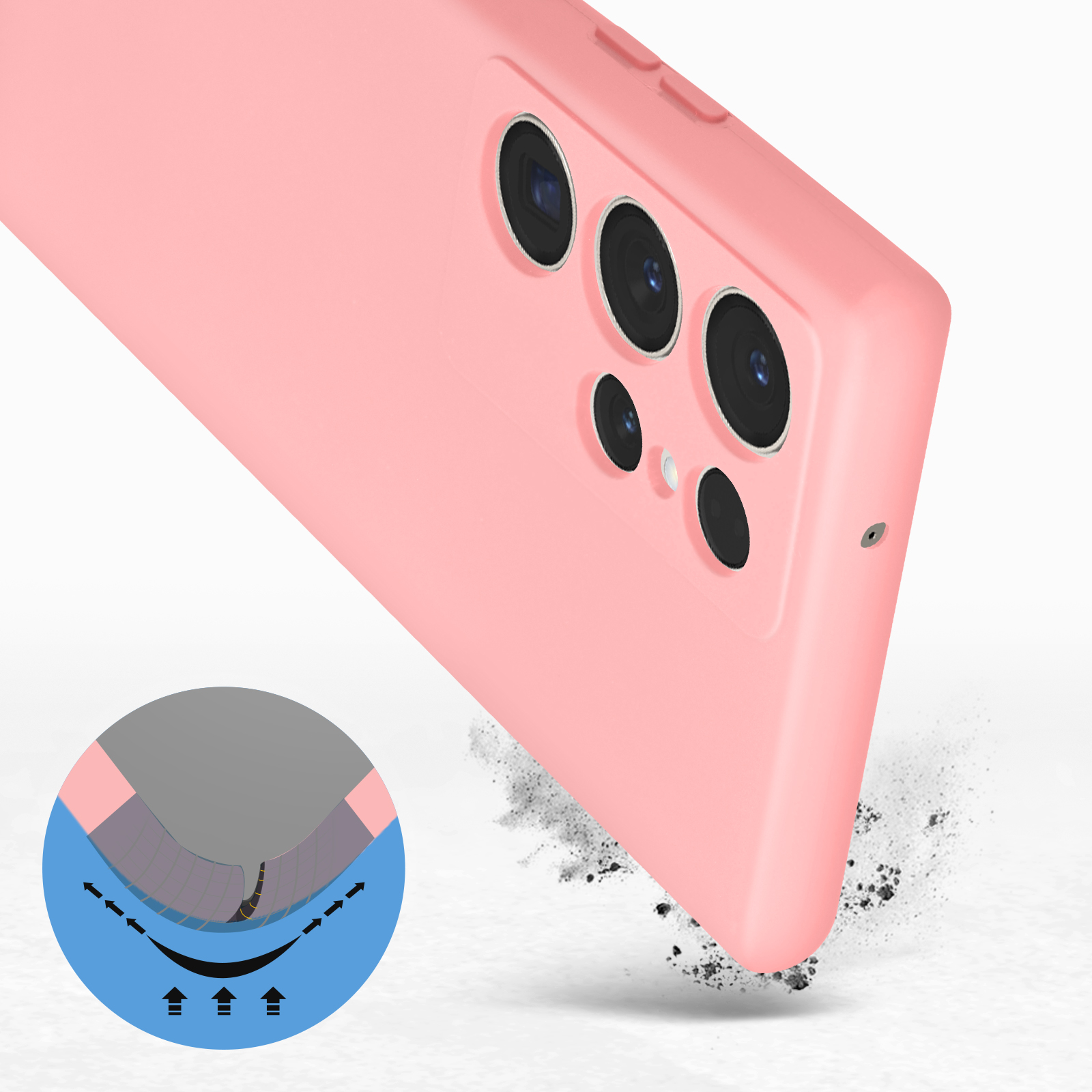 Custodia per telefono rosa con sporgenza della fotocamera visibile, angolata su sfondo bianco.