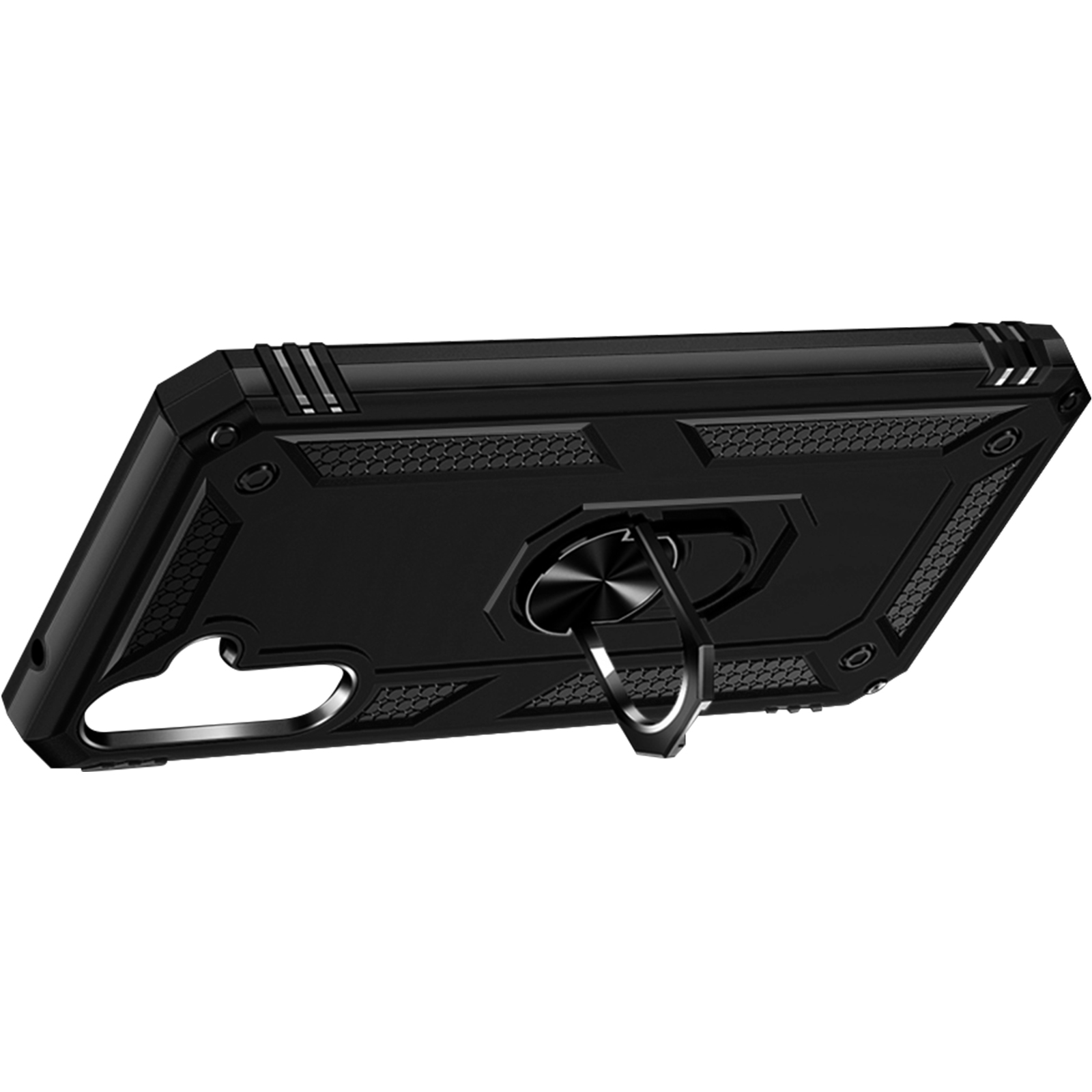 Zwarte telefoonhoes met een ringhouder aan de achterkant, schuine weergave.