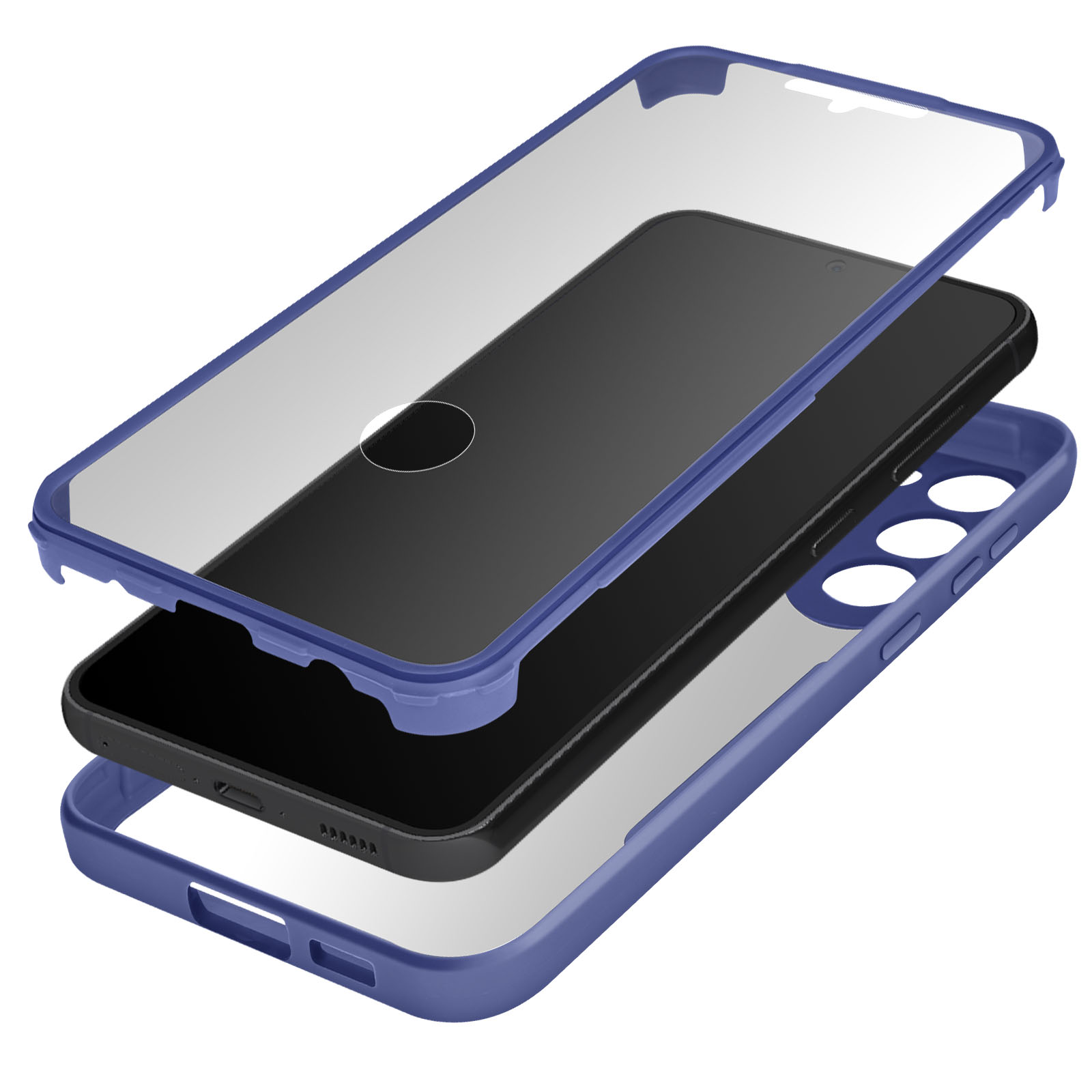 Coque de téléphone avec un cadre bleu. Elle contient un téléphone noir à l'intérieur, visible. La coque est ouverte.