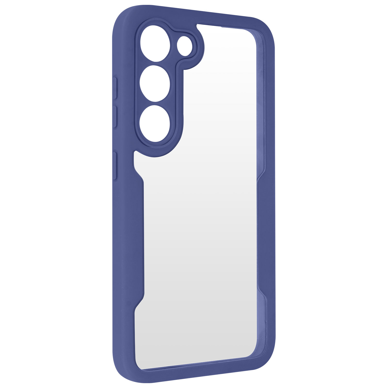 Coque de téléphone bleue avec dos transparent, trois découpes de caméra.