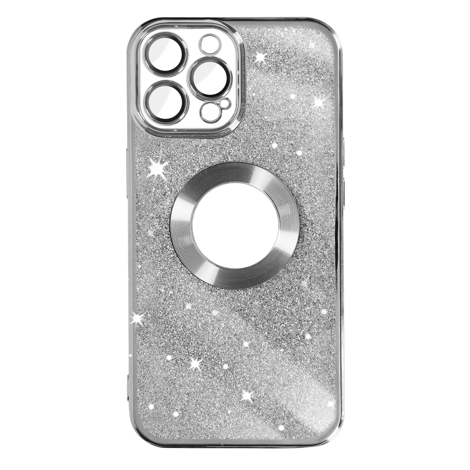 Custodia per telefono argento glitterata con fori per fotocamera e anello circolare su bianco.