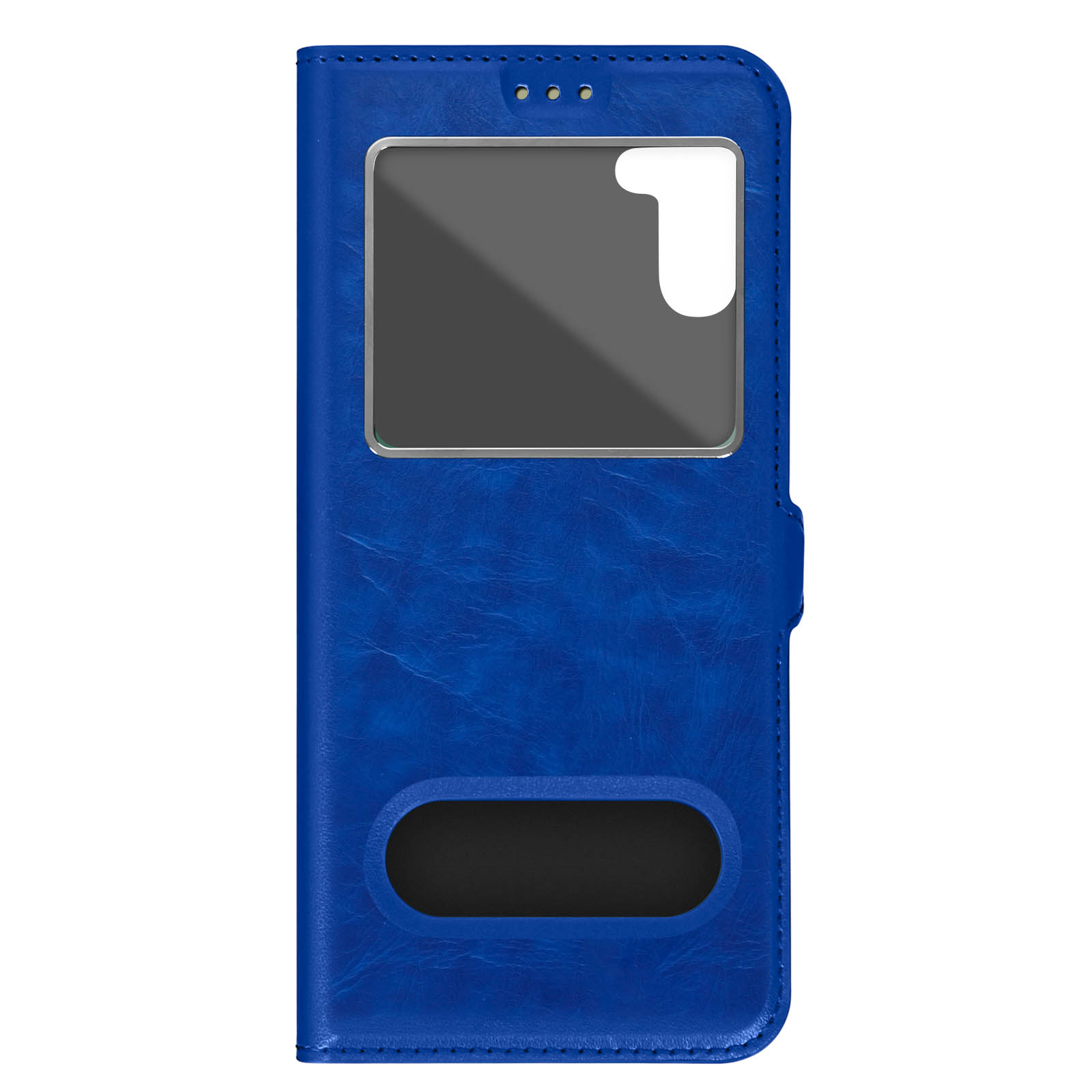 Una custodia per telefono blu con una finestra. La custodia è chiusa.