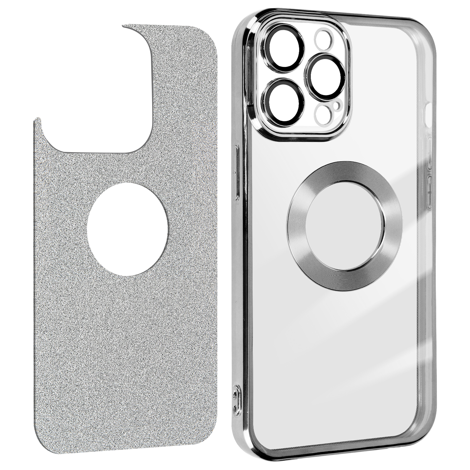 Custodia trasparente per telefono con cornice argentata e parte posteriore glitterata argento.