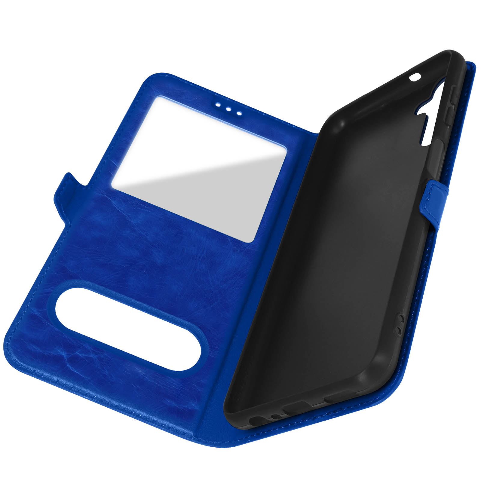 Custodia per telefono blu, aperta, che rivela lo slot del telefono.