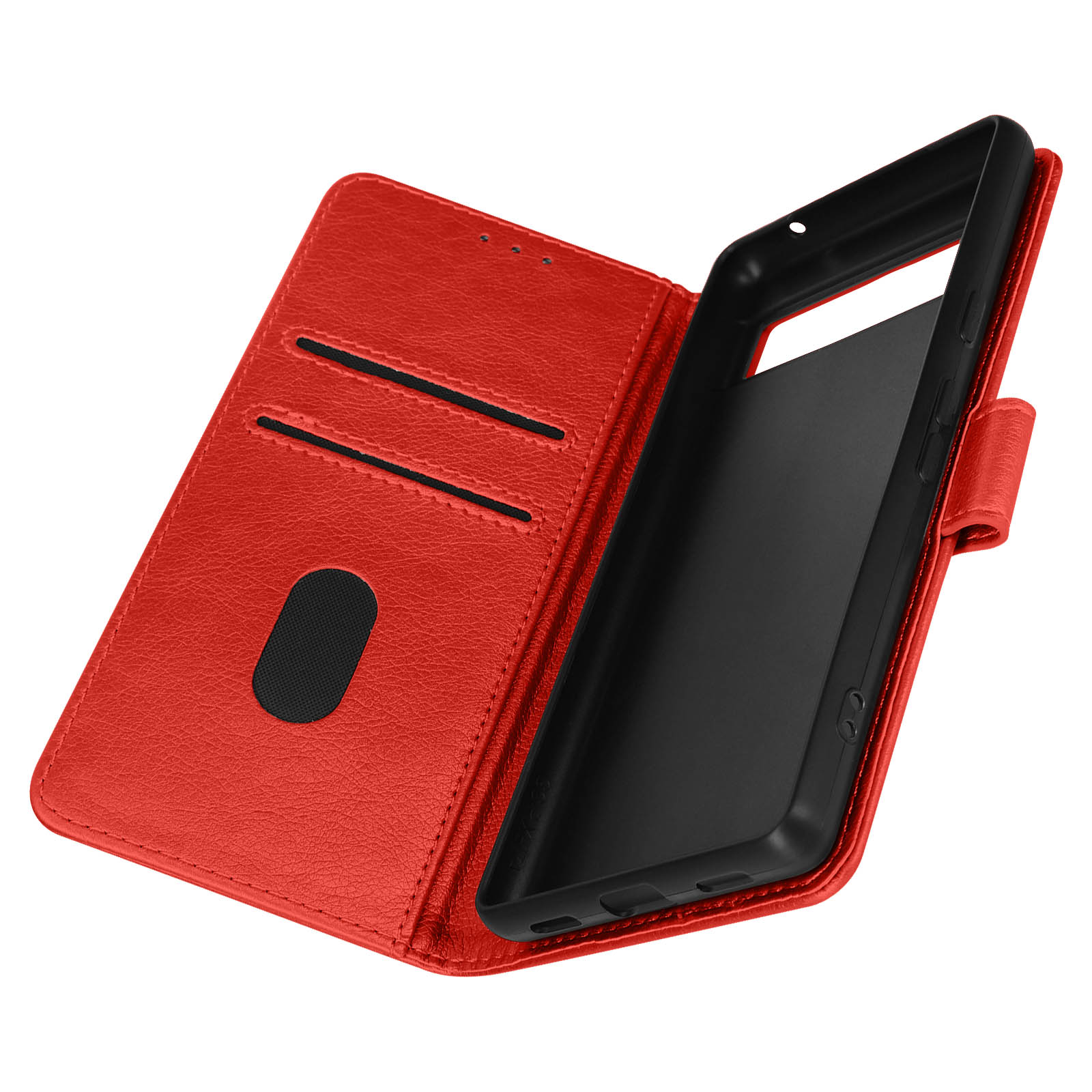 Rote Handyhülle geöffnet, ein schwarzes Telefon zeigend. Innen mit Kartenfächern.