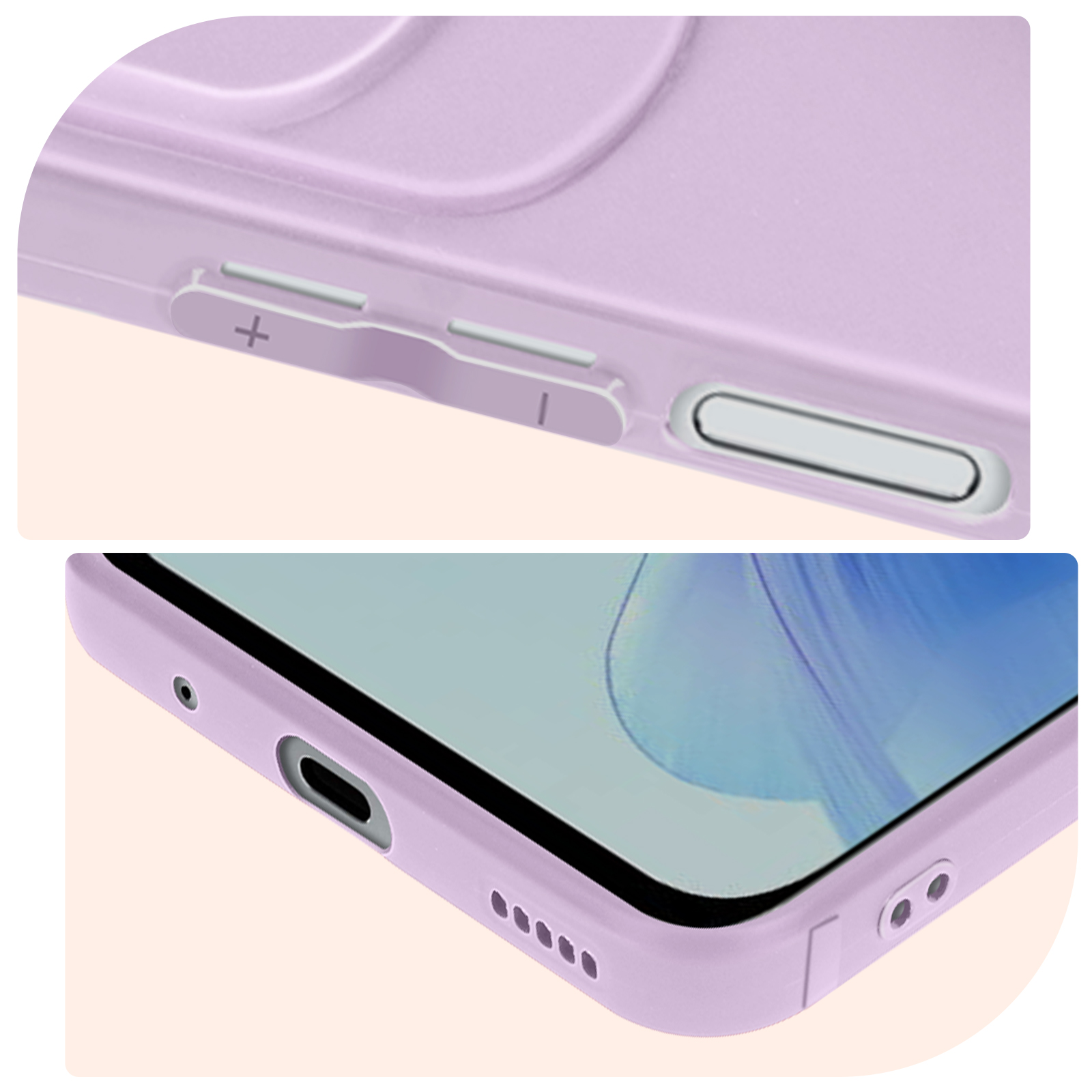 Primo piano di una custodia per telefono viola con pulsanti del volume e di accensione e fori per altoparlanti.