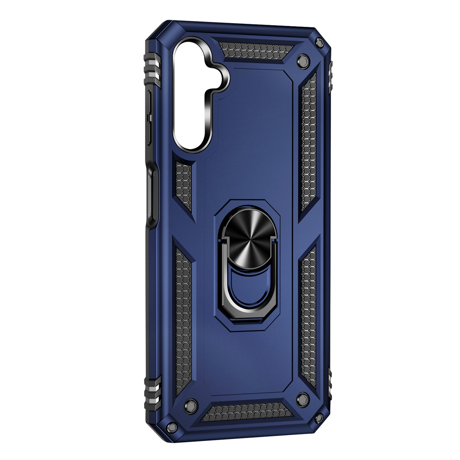 Custodia per telefono blu navy con supporto ad anello e design geometrico.