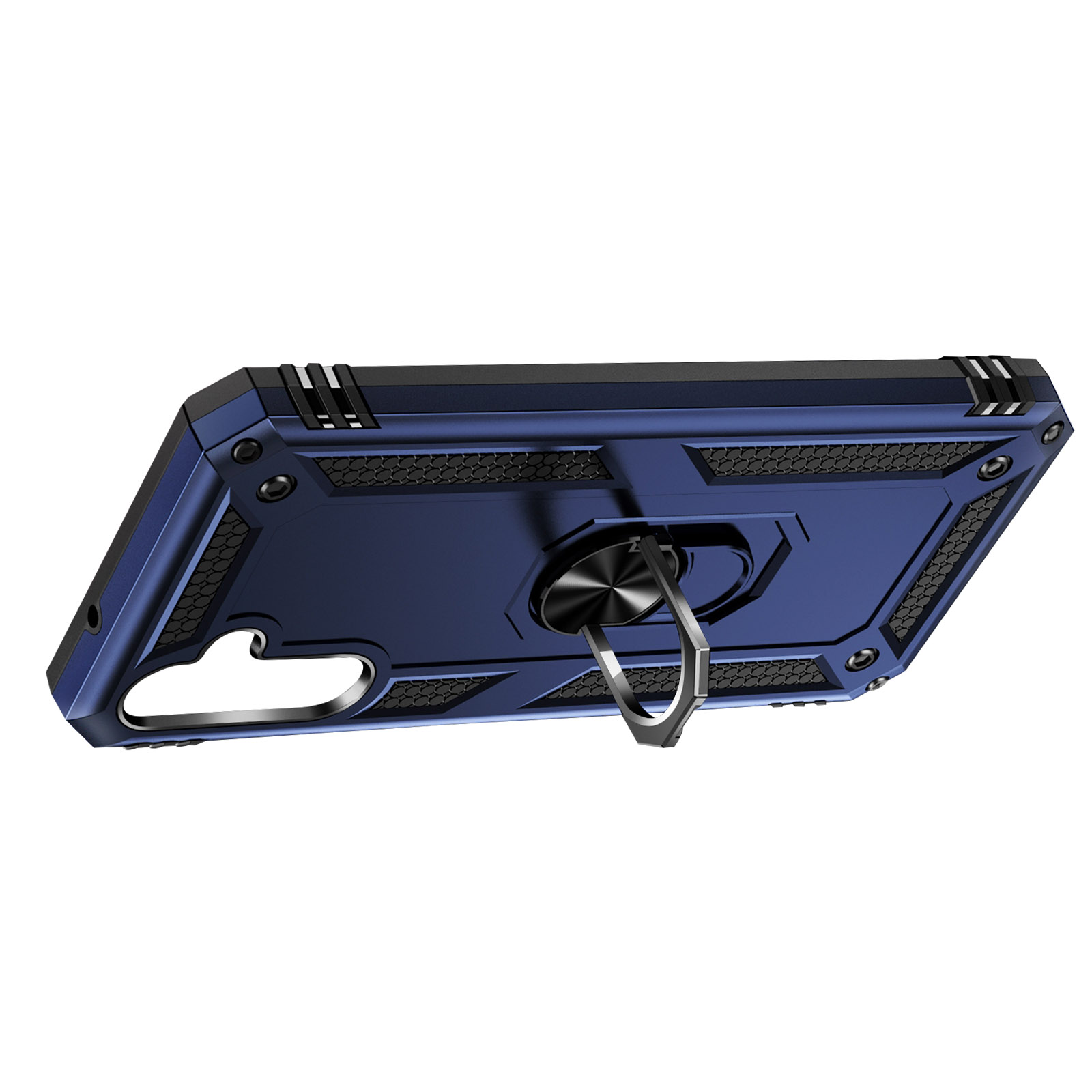 Custodia per telefono blu con anello nero.