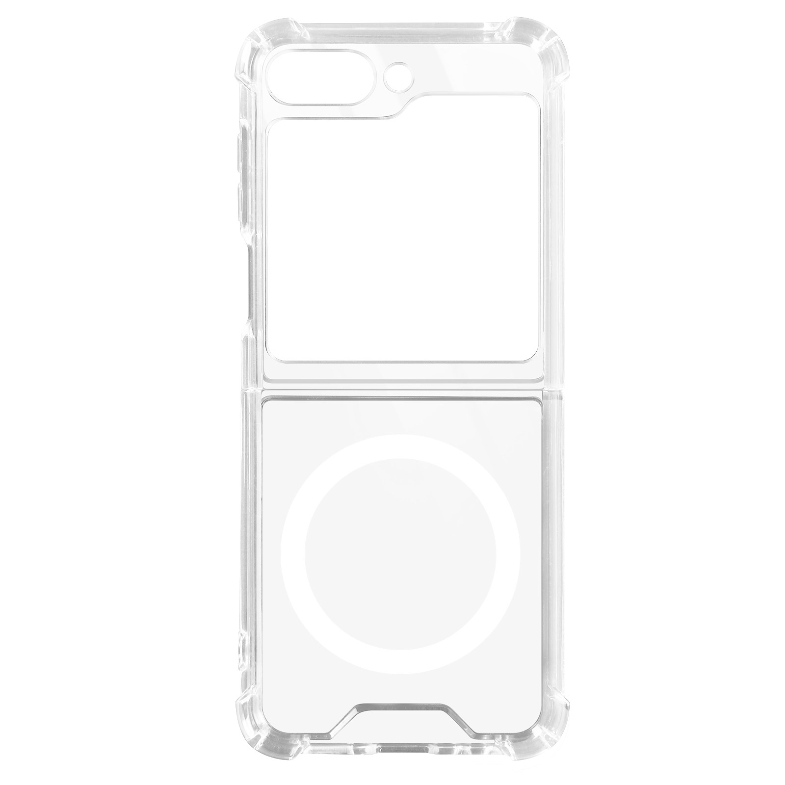 Coque de téléphone pliable transparente. La coque a un design transparent. Fond blanc.
