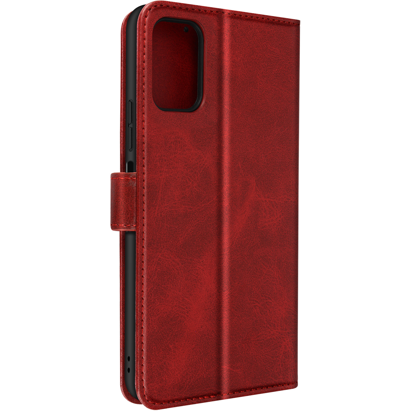 Custodia per telefono in pelle rossa, chiusa, con ritaglio per fotocamera.