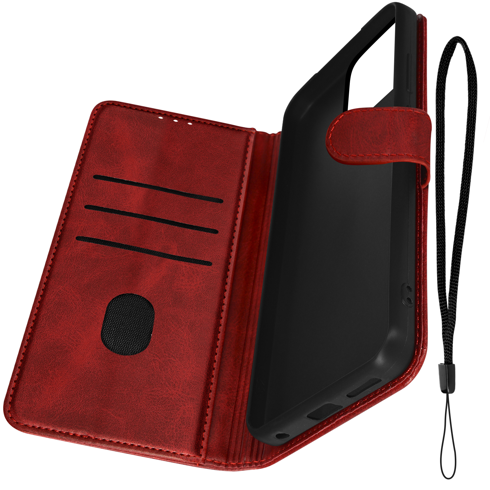 Una custodia per telefono in pelle rossa, aperta, con fessure per carte e un telefono nero all'interno, cinturino nero.