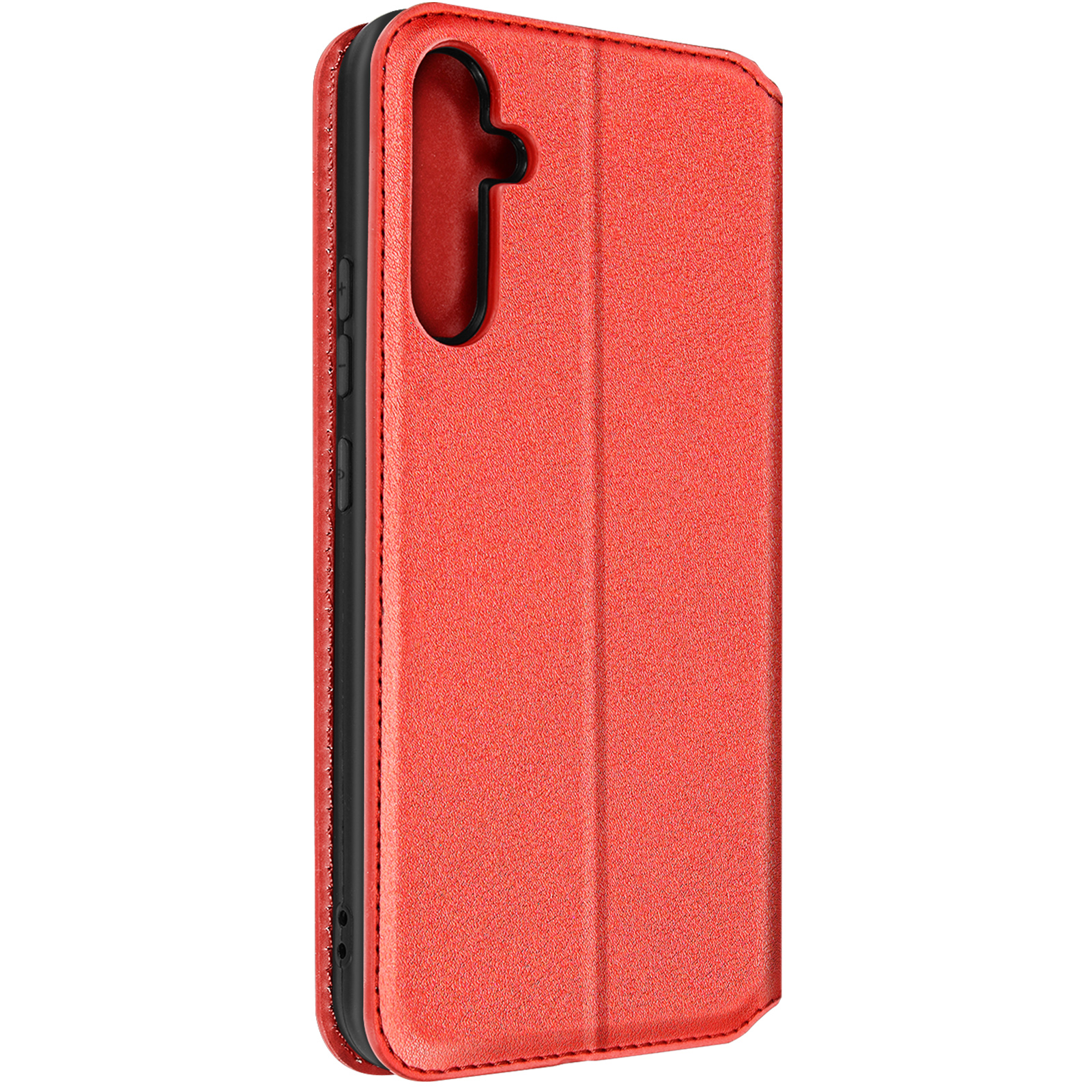 Custodia per telefono in pelle rossa, chiusa. La custodia è chiusa. I pulsanti laterali del telefono sono visibili.