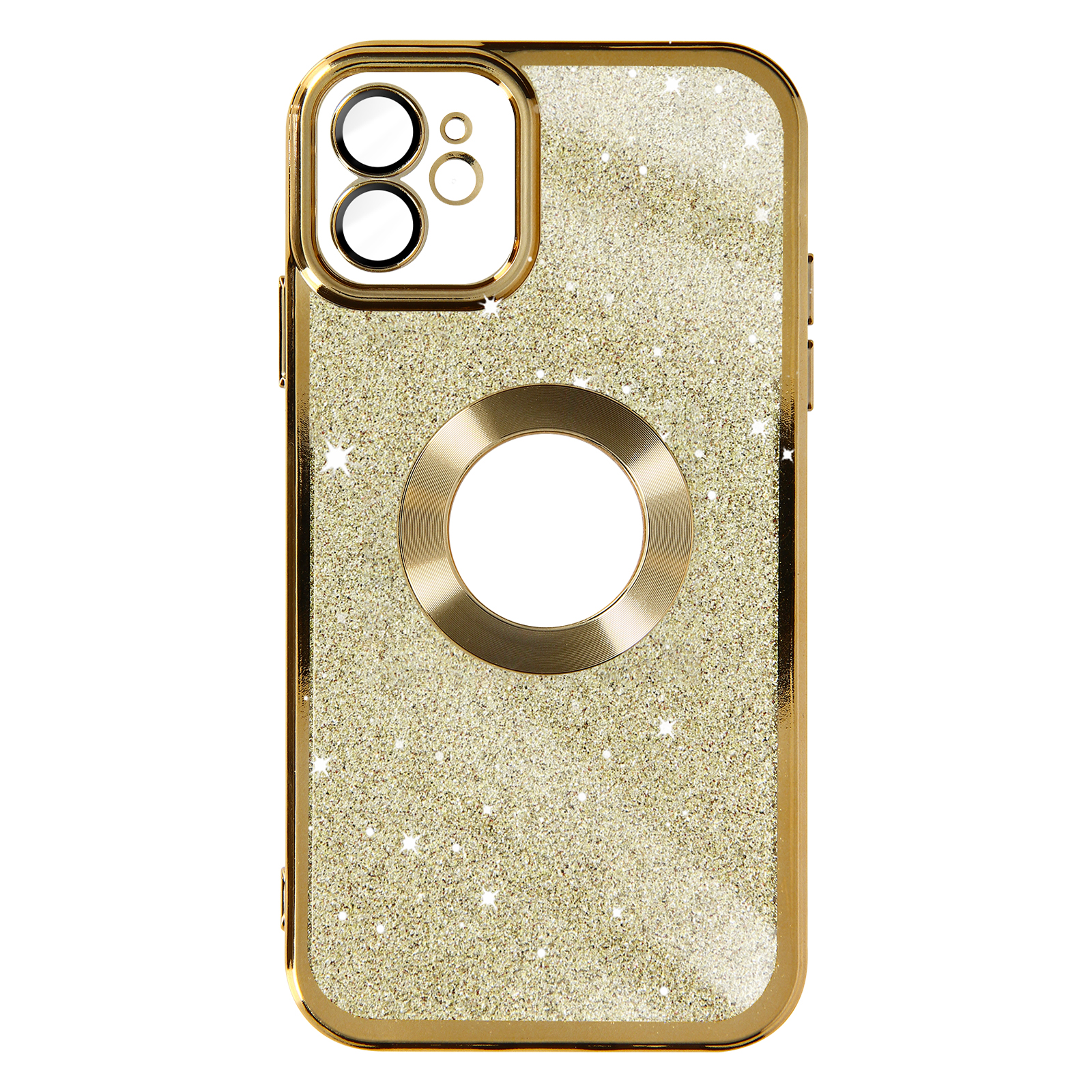 Una custodia dorata per telefono con glitter e supporto ad anello è mostrata da dietro.