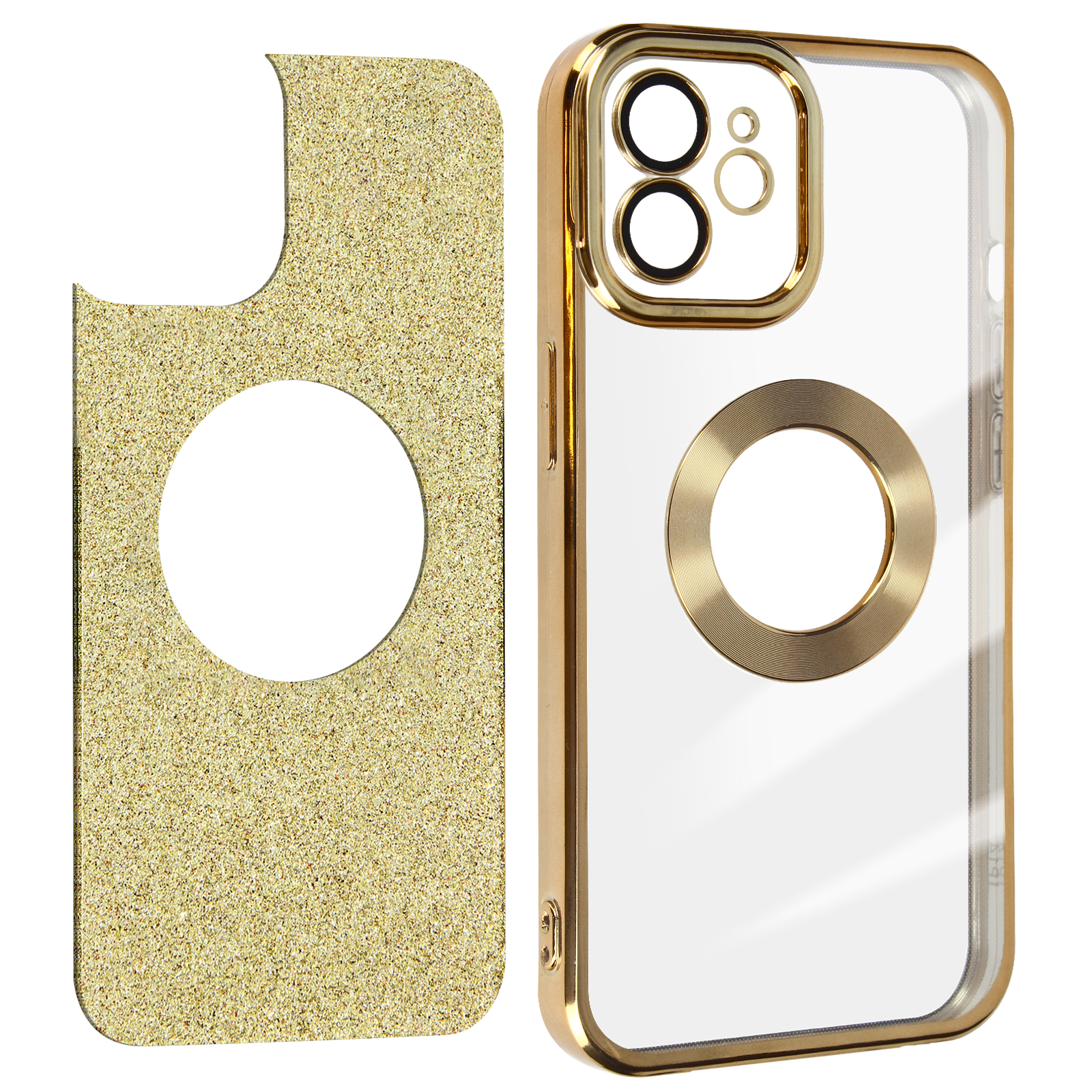 Custodia dorata per telefono con retro glitterato, ritagli per fotocamera e cerchio magnetico. Sfondo bianco.