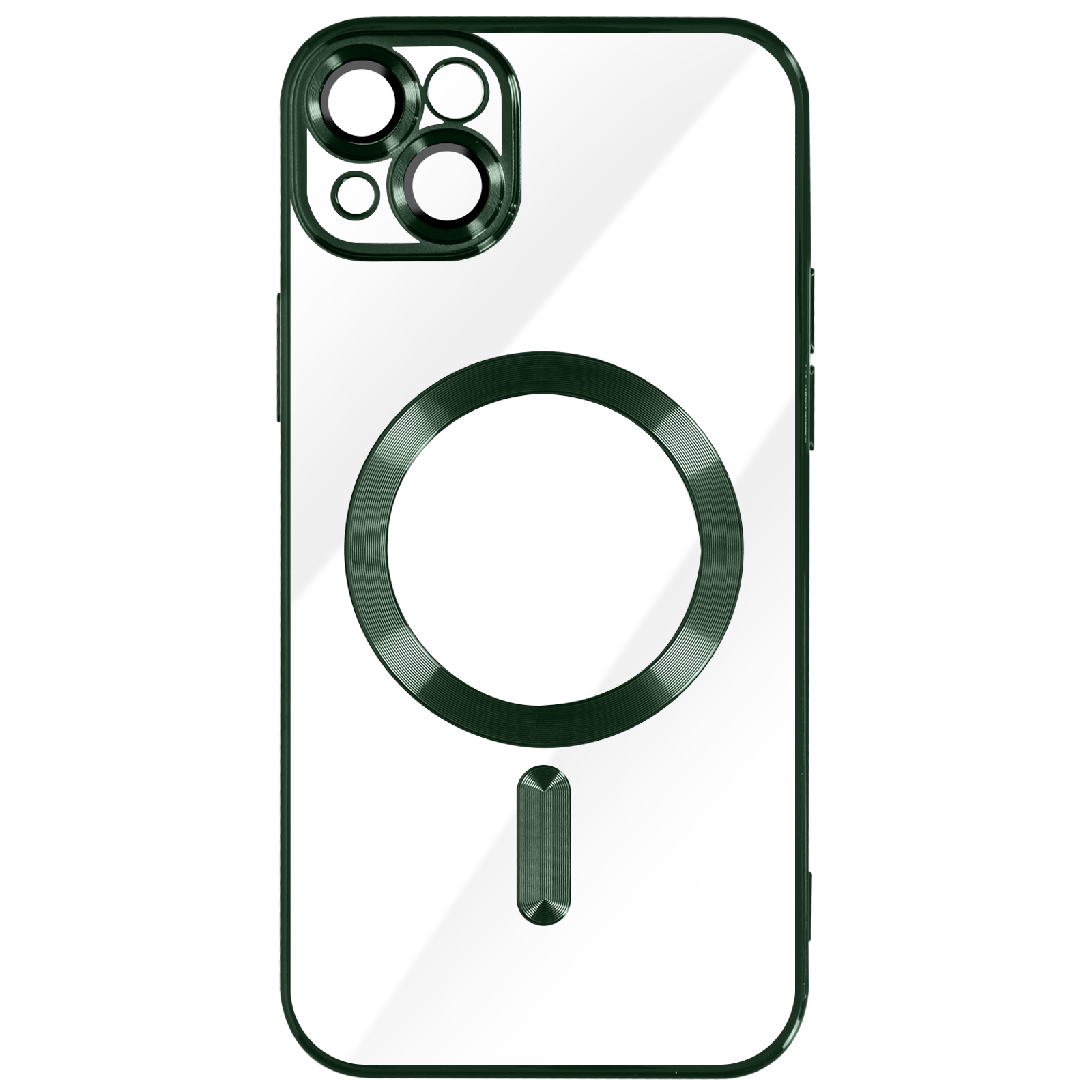 Custodia per telefono con retro trasparente, cornice verde e ritaglio circolare.