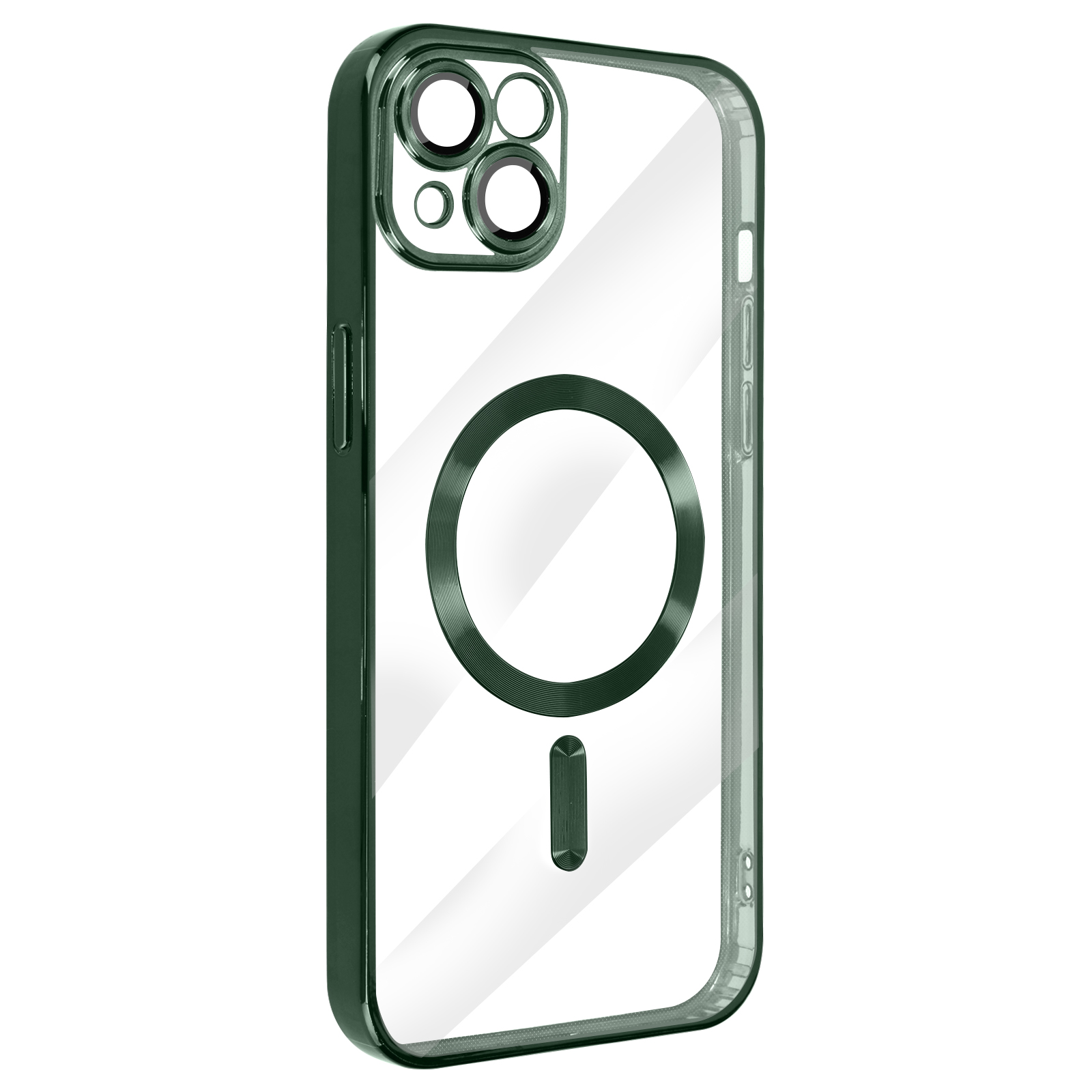 Custodia verde per telefono con ritagli per la fotocamera e un anello magnetico. La custodia è trasparente.