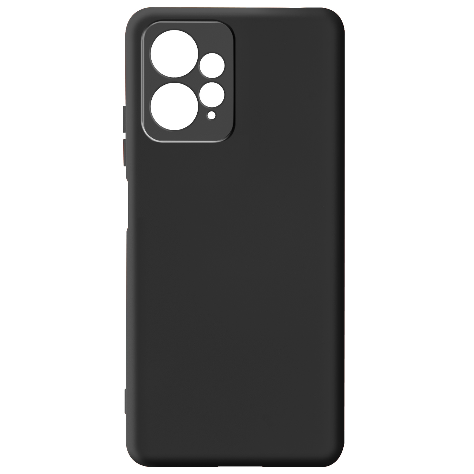 Custodia per telefono nera con ritagli per la fotocamera. La custodia copre la parte posteriore e i lati.