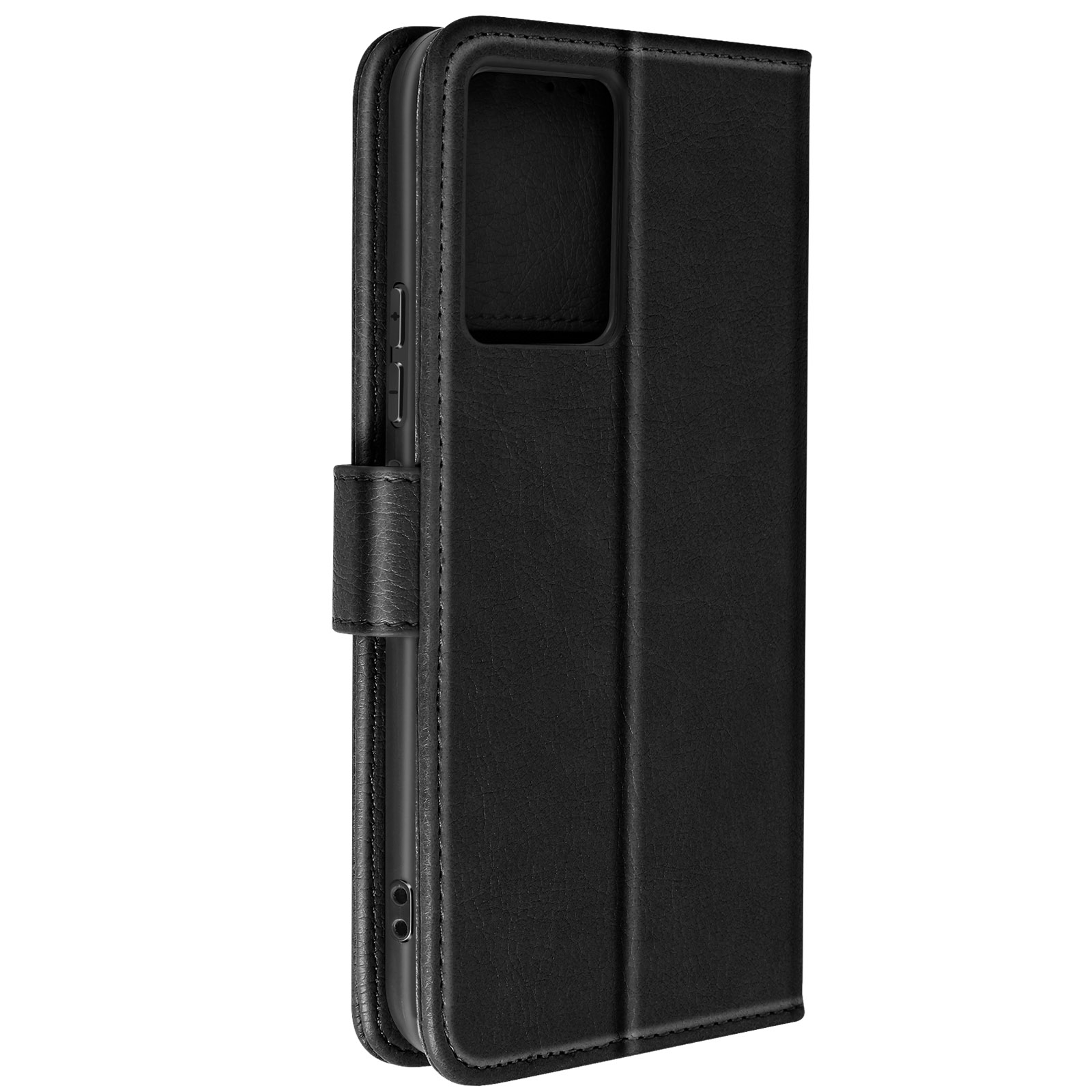 Custodia per telefono in pelle nera con scomparto per carte e chiusura magnetica.