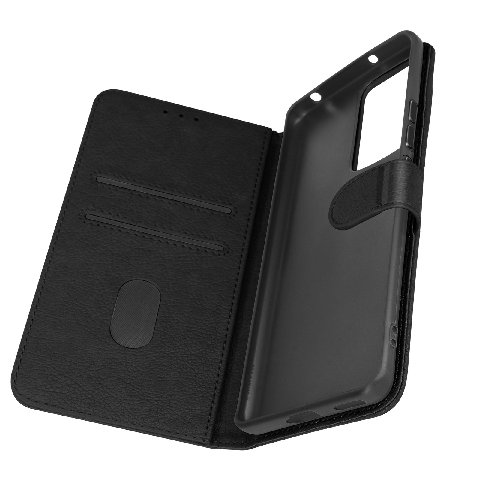 Custodia per telefono nera, aperta per rivelare un telefono nero. Ha slot per schede e chiusura magnetica.