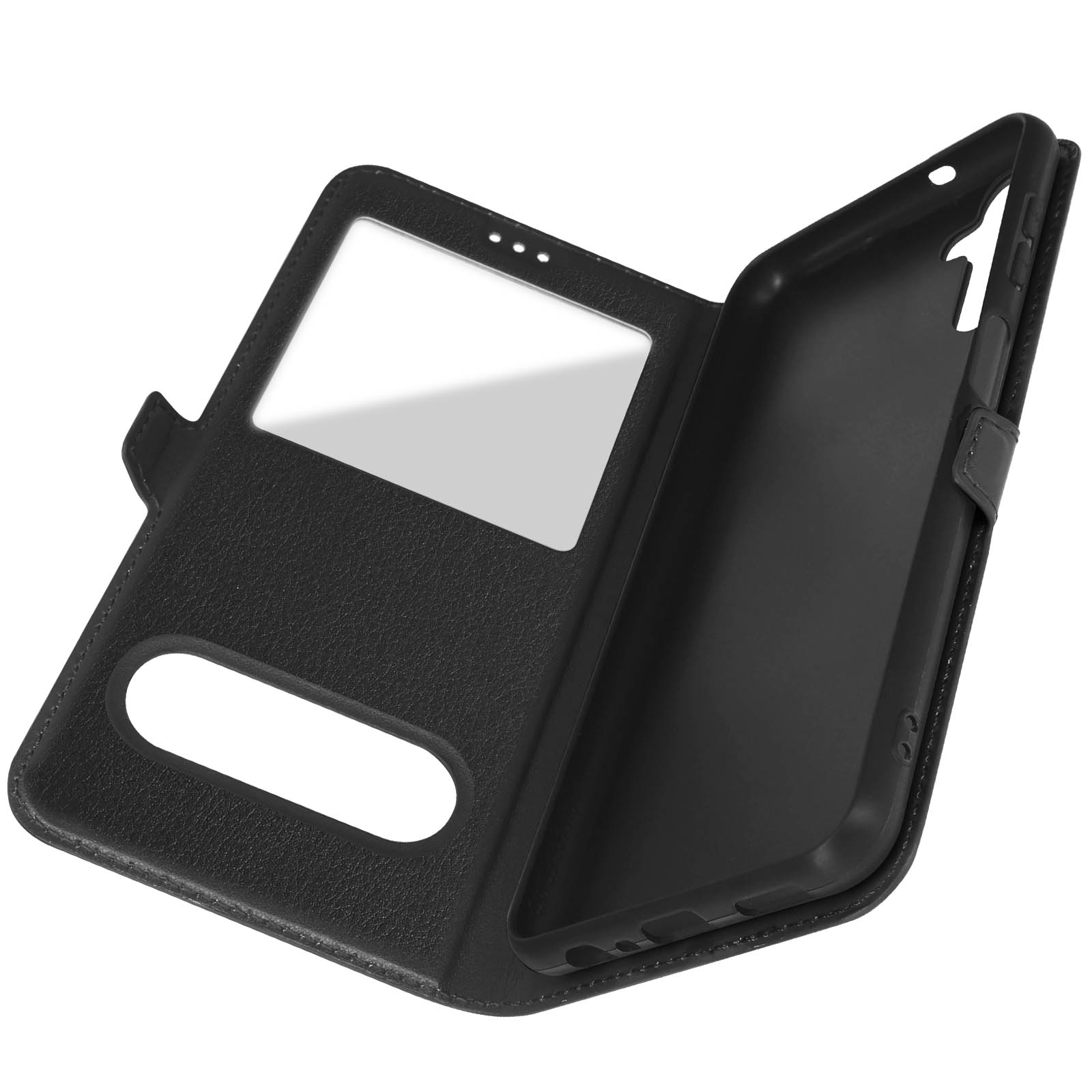 Custodia per telefono nera, aperta, che mostra l'interno del telefono. Ha una finestra per la visualizzazione e una chiusura magnetica.