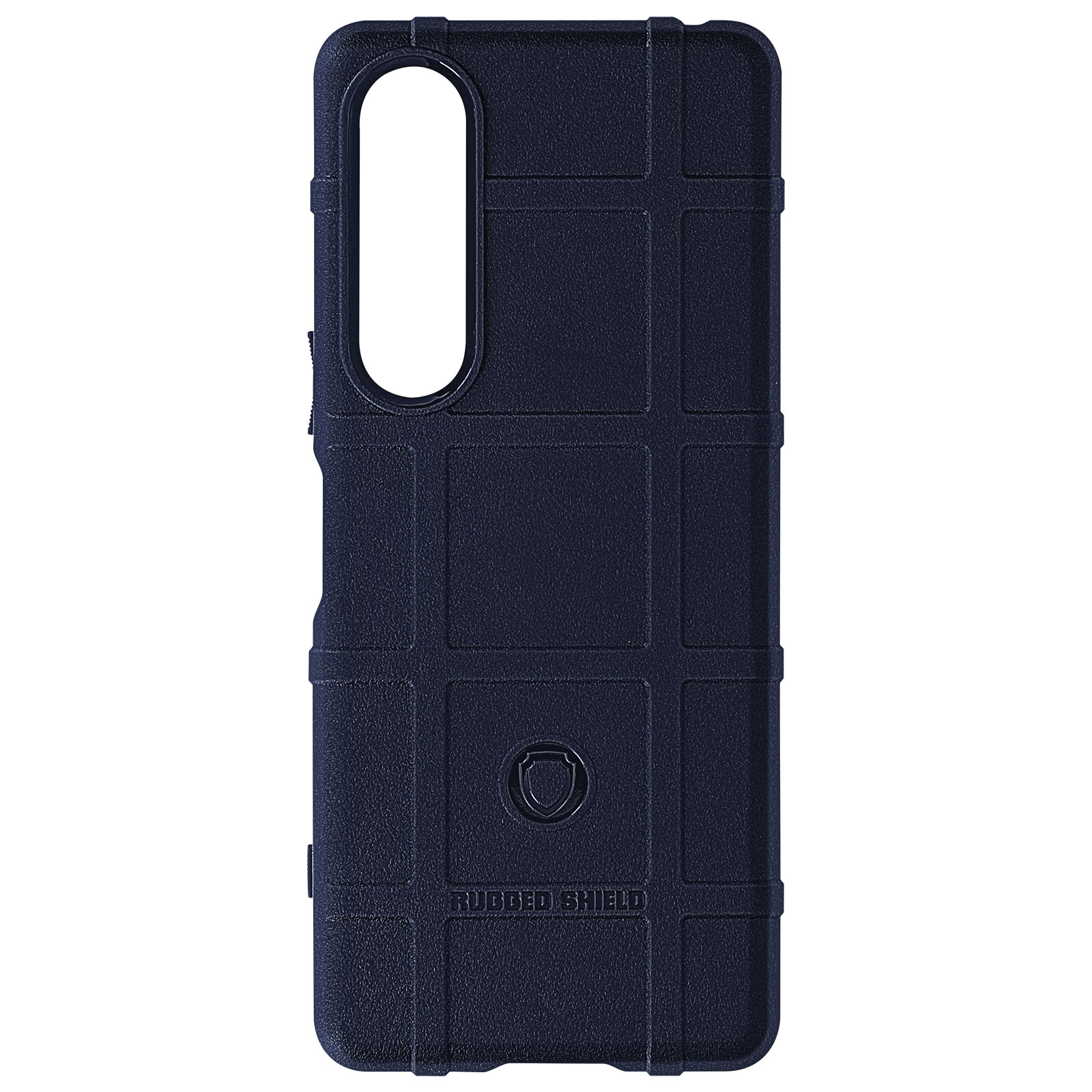 Custodia per telefono blu navy con una texture robusta. Ha un ritaglio per la fotocamera e il logo del marchio.