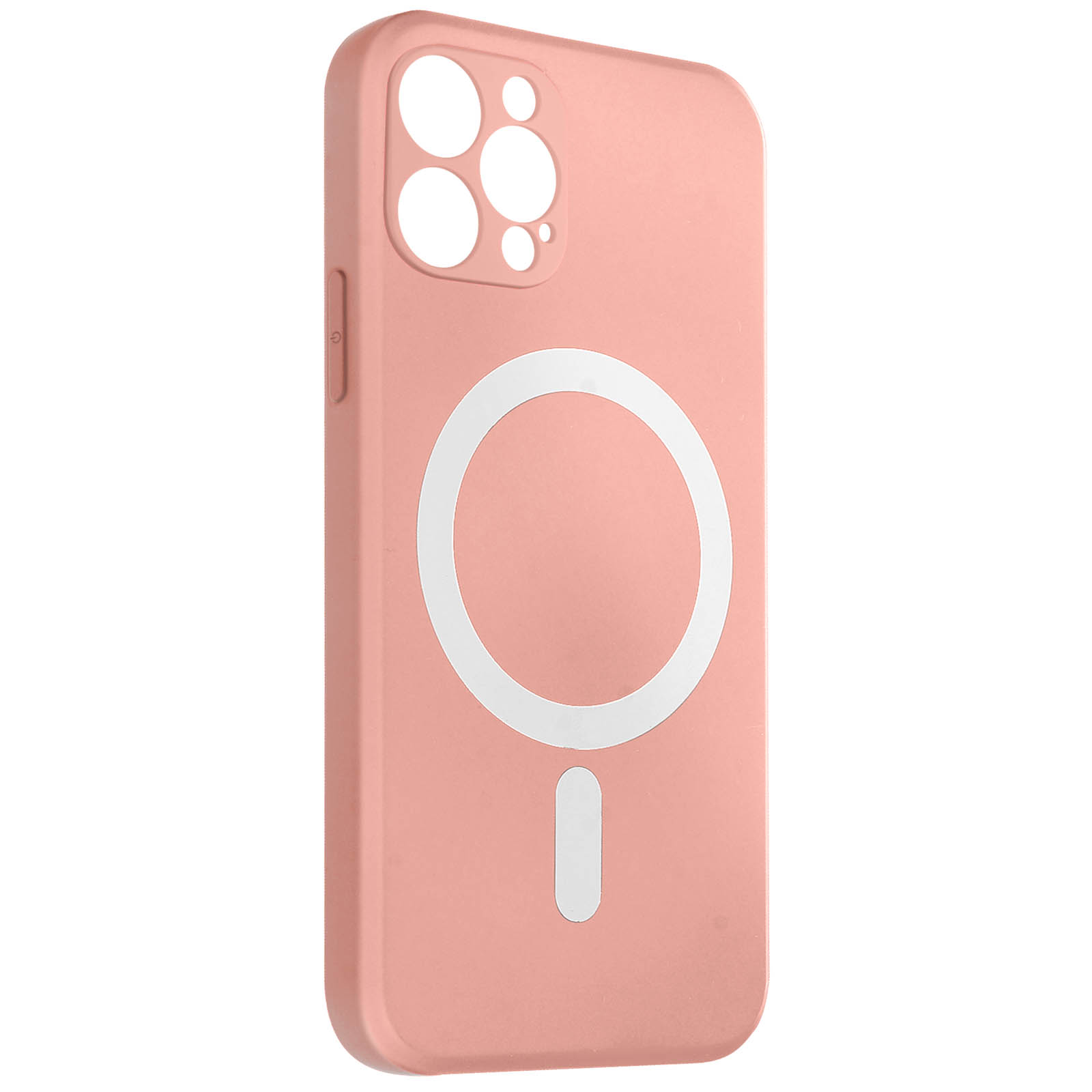 Custodia rosa per telefono con cerchio bianco e barra inferiore. Fori per la fotocamera. Sfondo bianco.