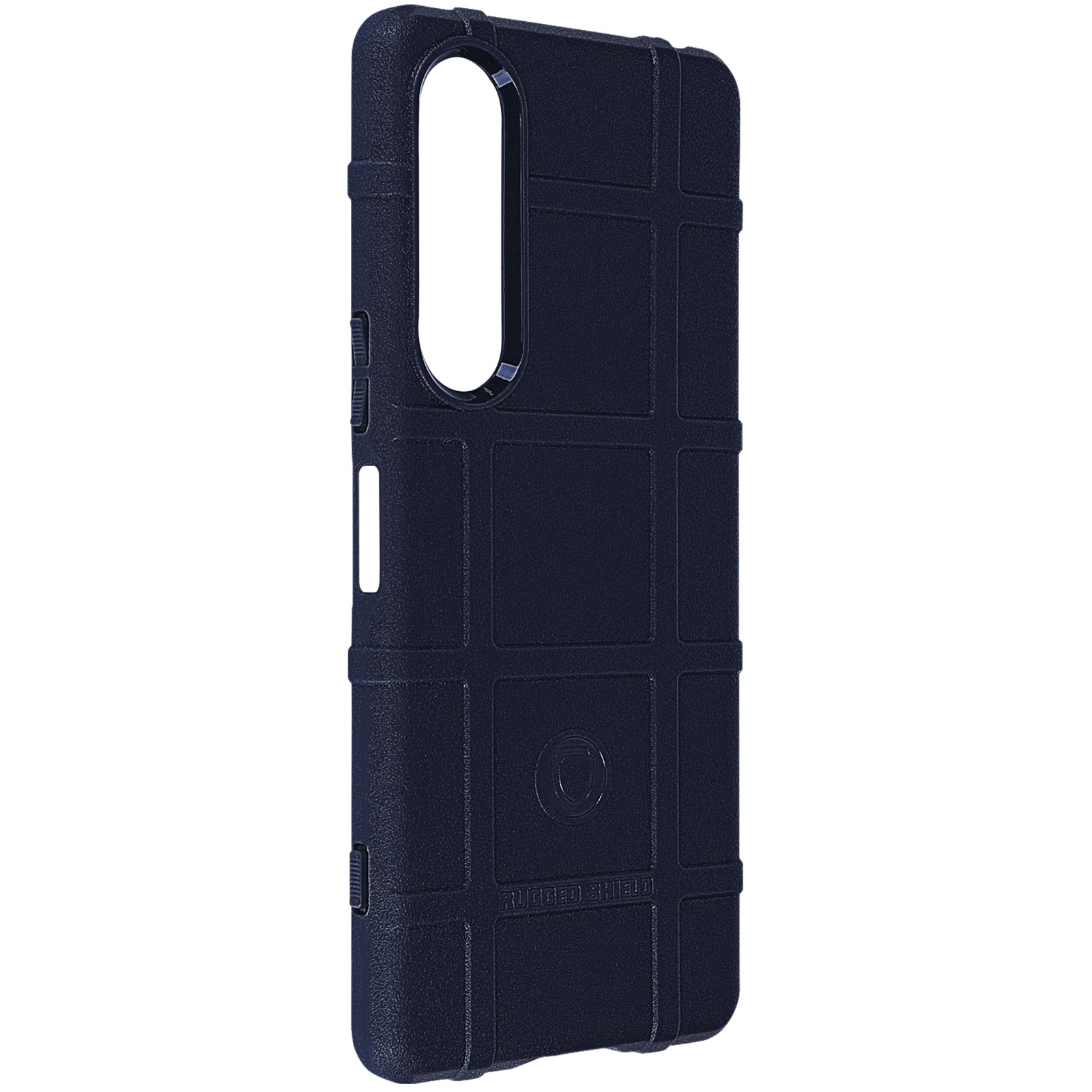 Custodia per telefono blu navy con motivo a griglia strutturato e intaglio per fotocamera.