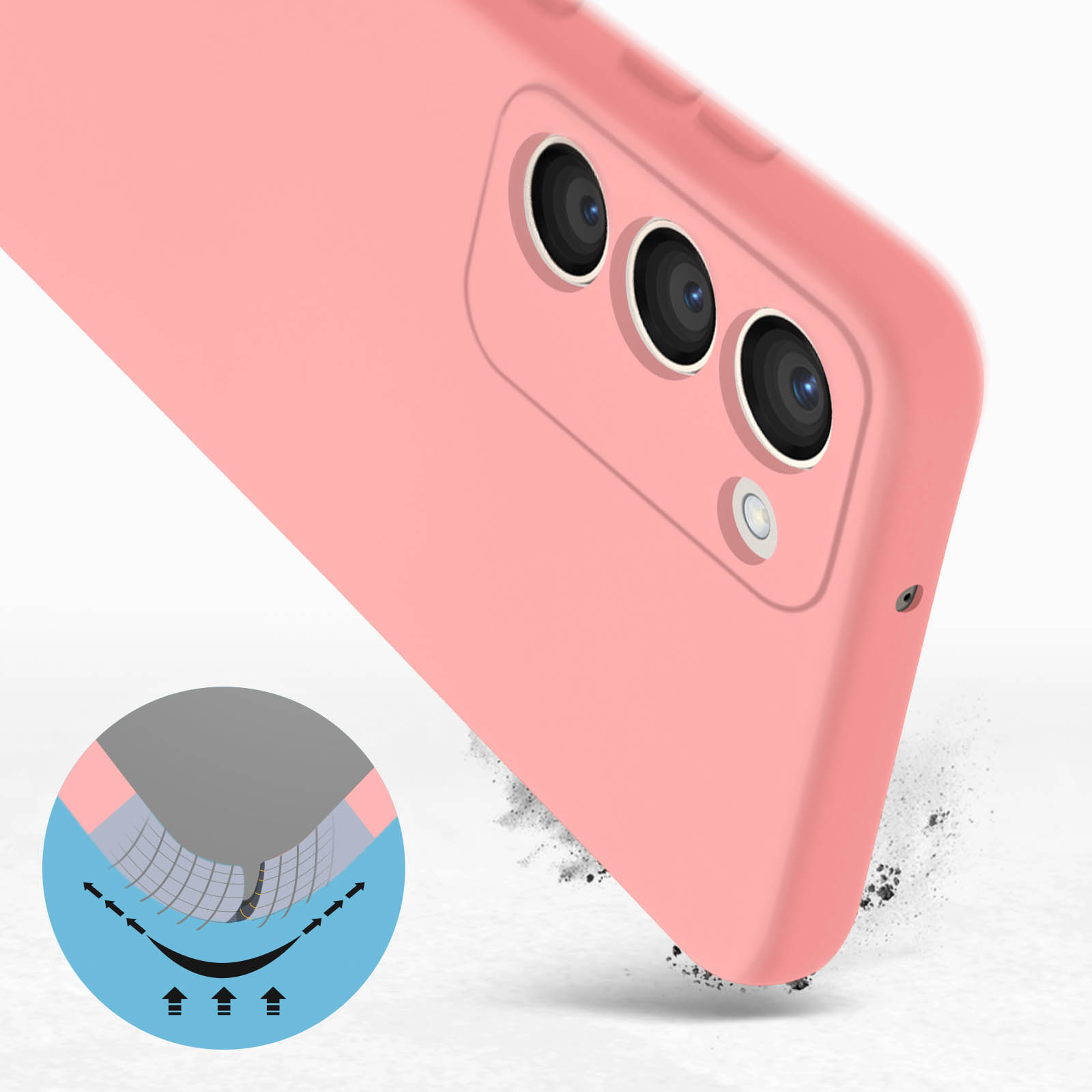 Custodia rosa per telefono con tre obiettivi. Un diagramma mostra l'assorbimento degli urti.