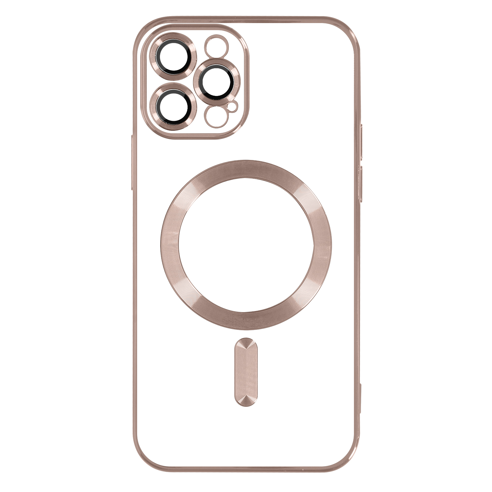 Custodia per telefono oro rosa con retro trasparente e anello fotocamera.