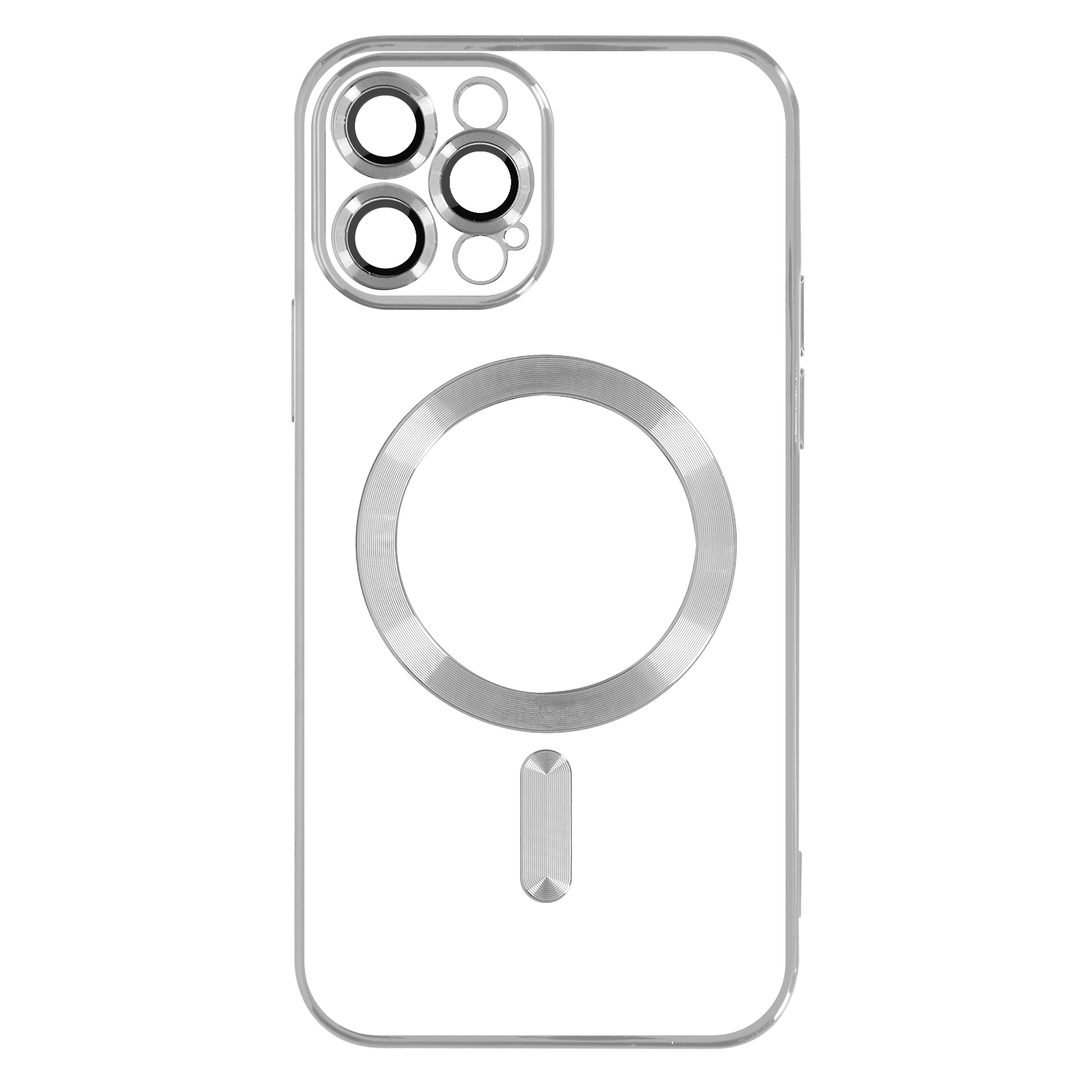 Una custodia per telefono trasparente con ritagli per la fotocamera e un cerchio bianco.