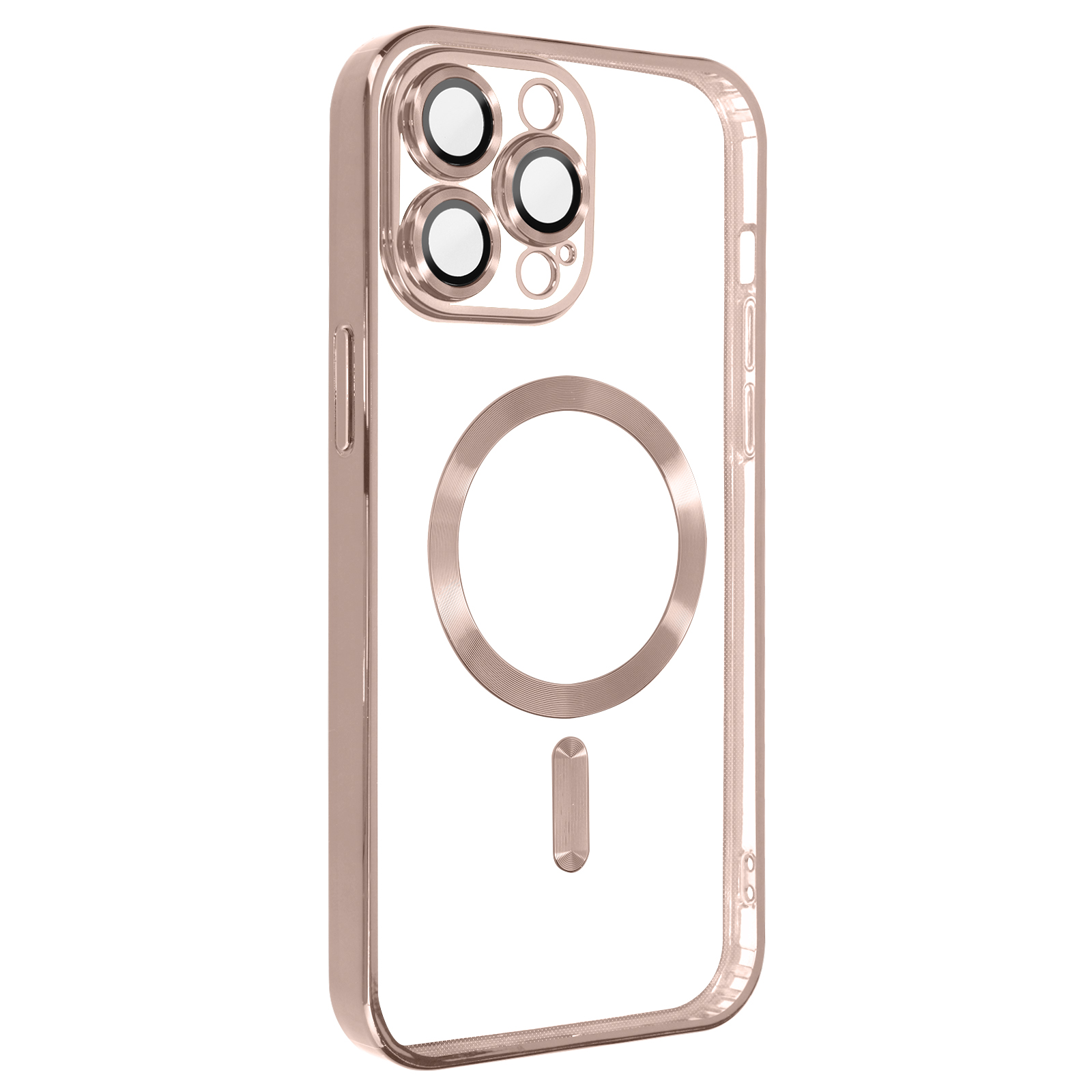 Una custodia trasparente per telefono con un anello dorato e design magsafe.