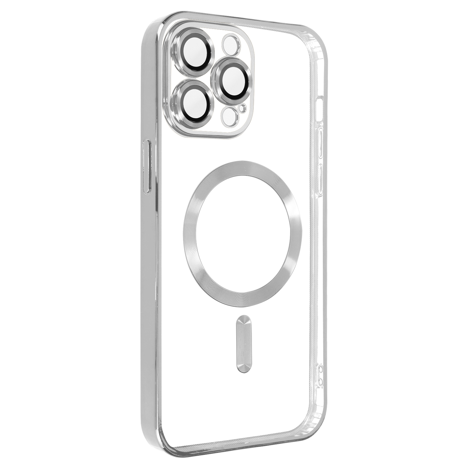 Custodia trasparente con fori per fotocamera e anello magnetico argentato su sfondo bianco.