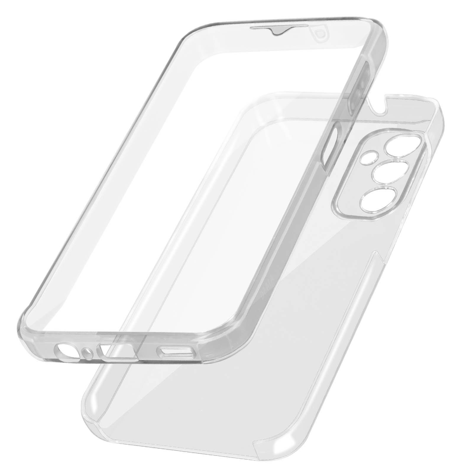 Custodia trasparente per telefono, due pezzi, mostrando fronte e retro.
