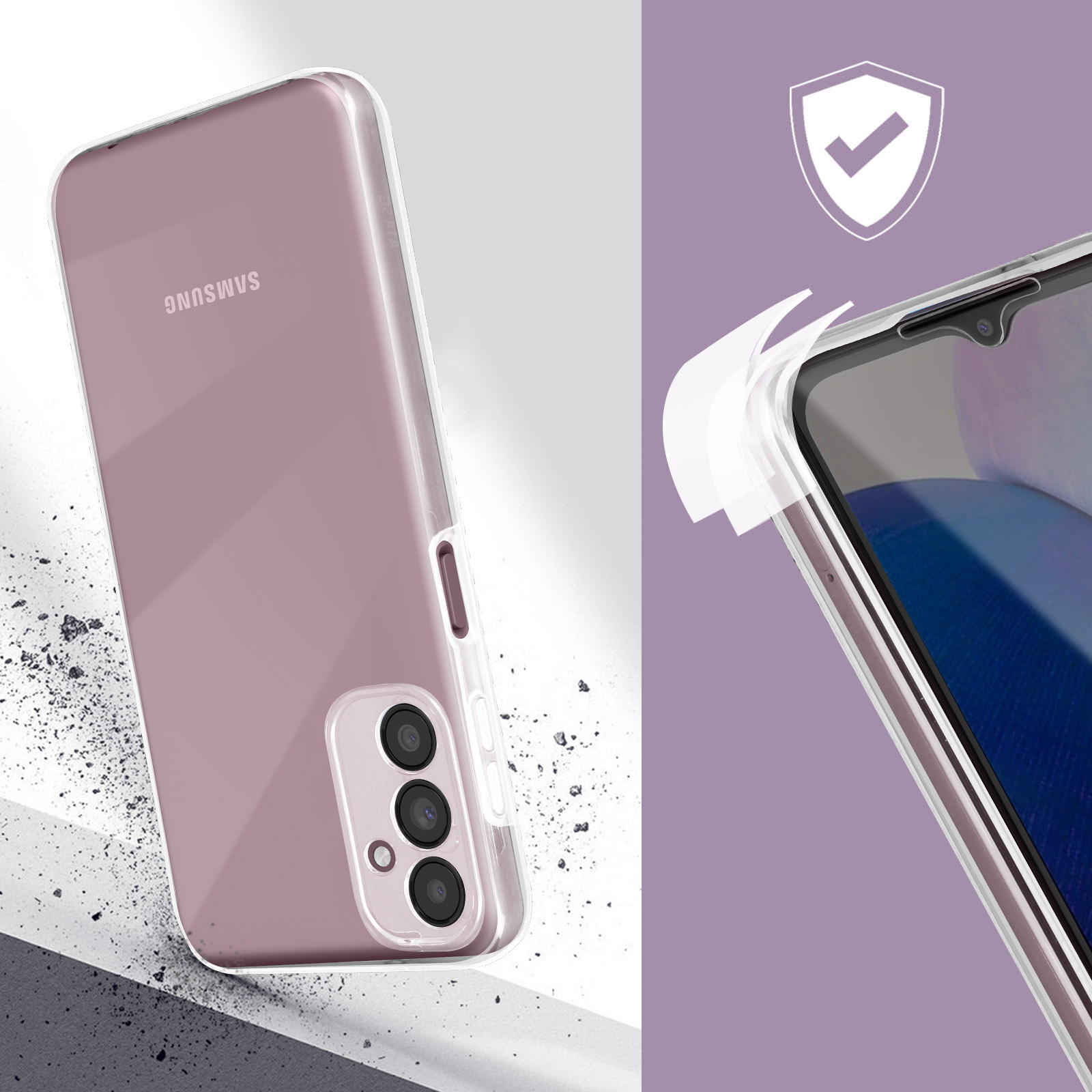 Una custodia per telefono rosa con un telefono all'interno. Il telefono ha una protezione per lo schermo.