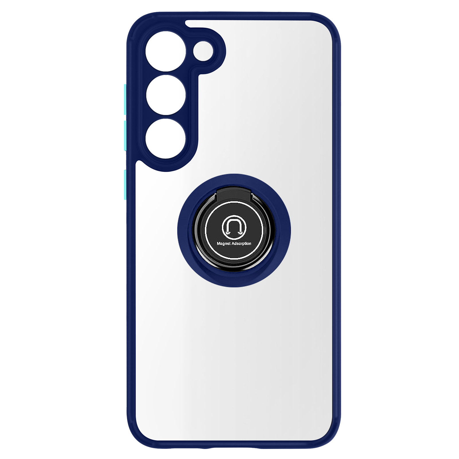 Coque de téléphone bleue avec un support de bague et un centre blanc.