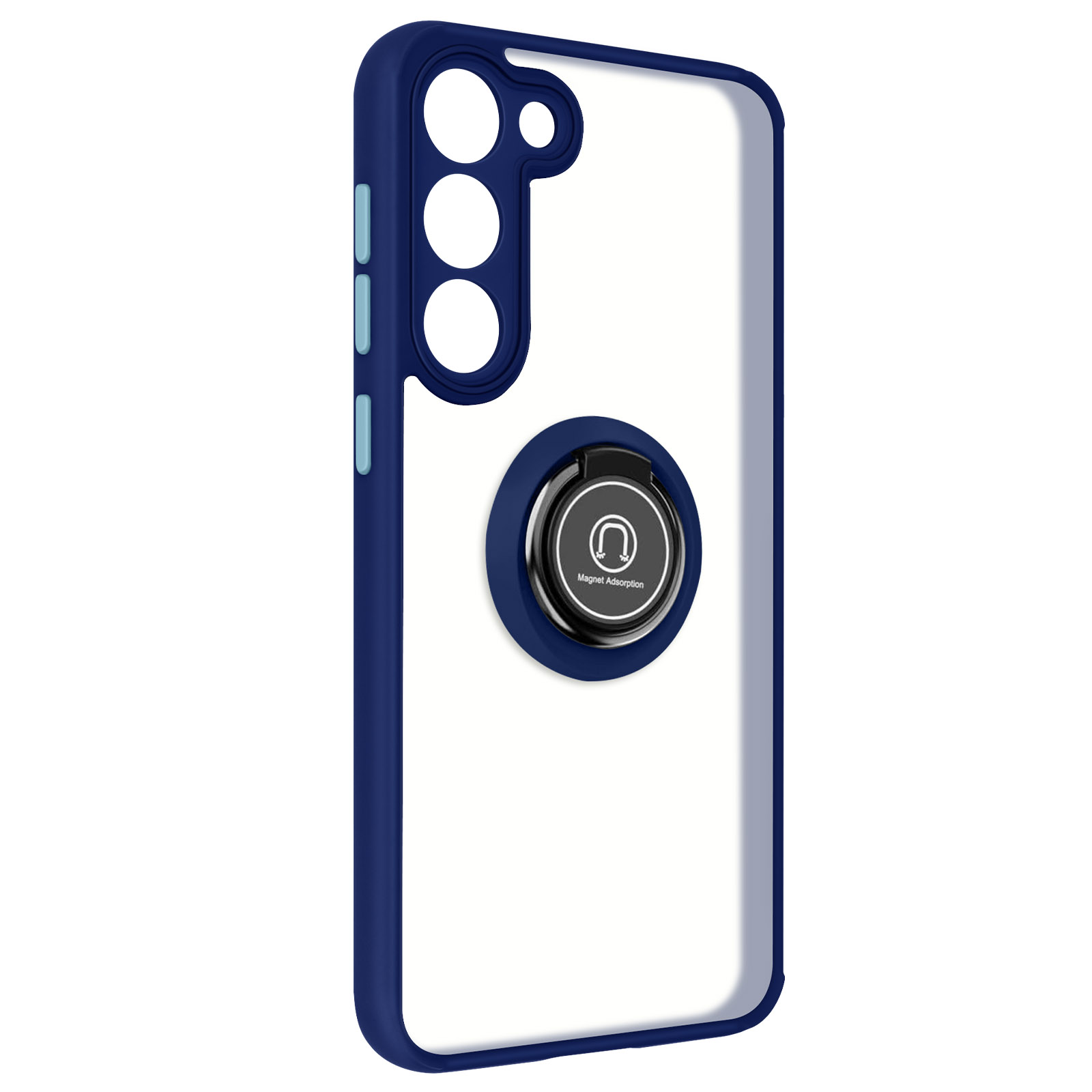 Coque de téléphone transparente à bords bleus avec anneau. Fond blanc.