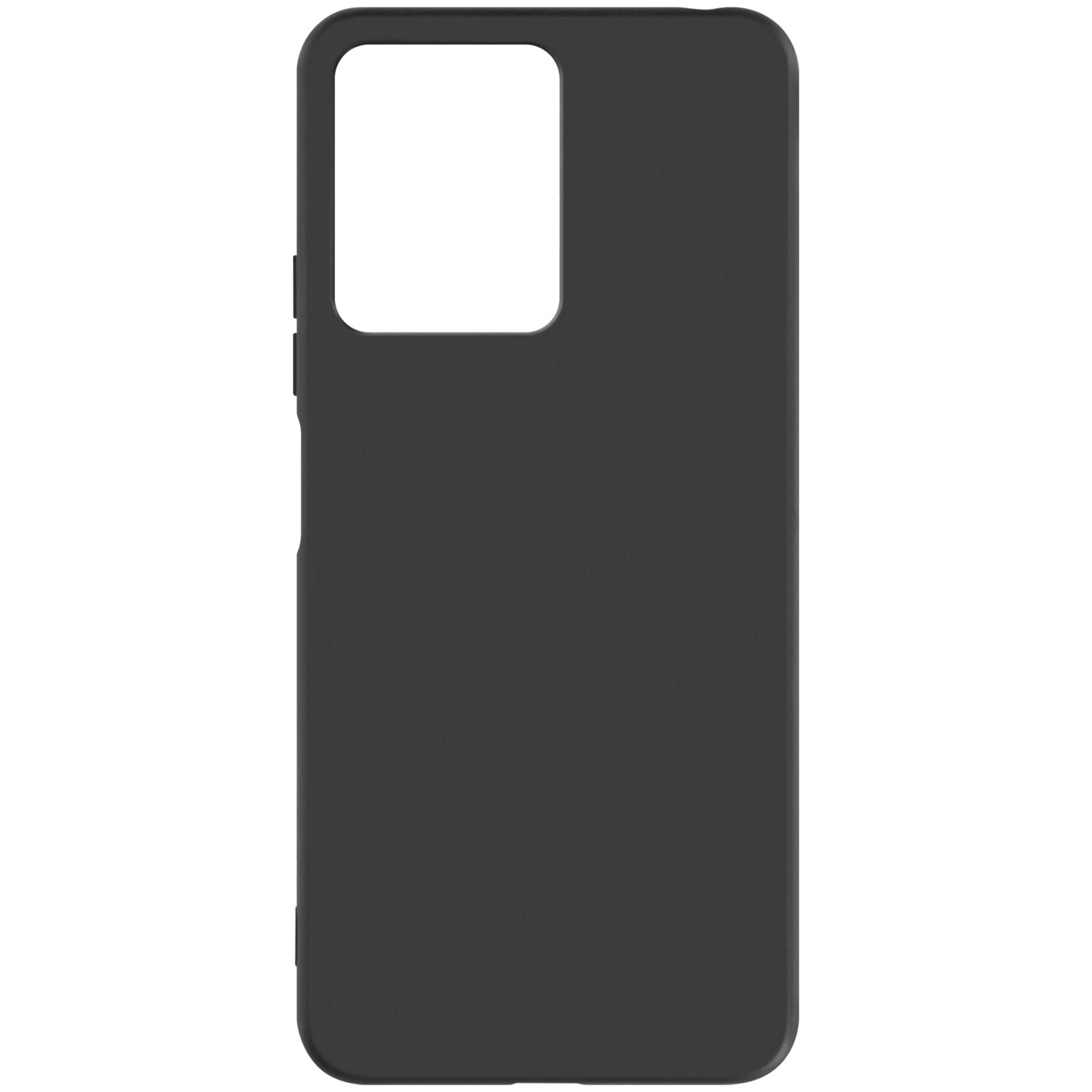 Custodia nera per telefono. Ha un ritaglio per la fotocamera. Sfondo bianco.