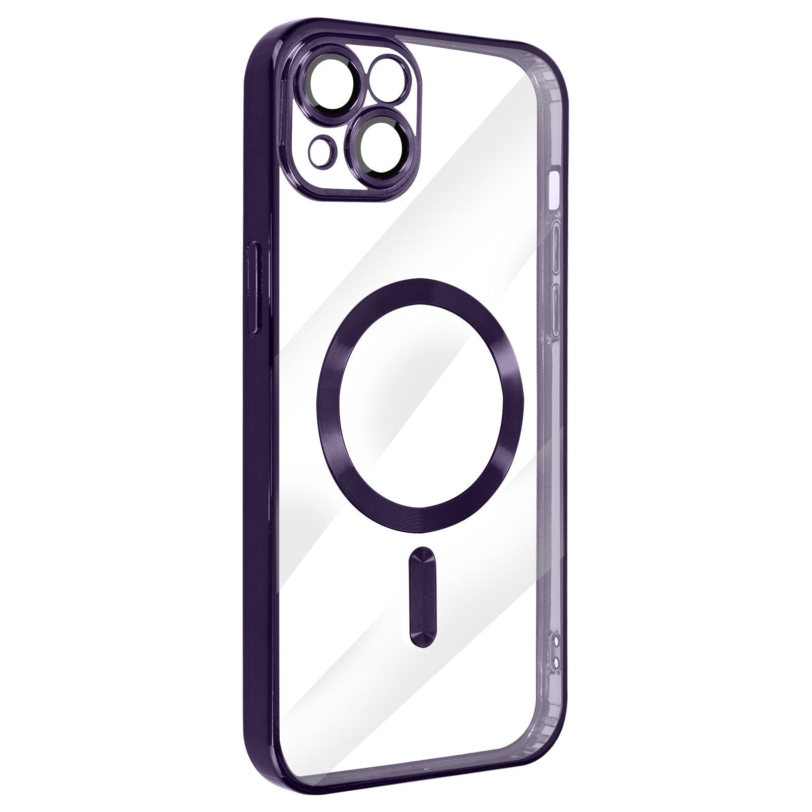 Una custodia trasparente per telefono con bordo viola e area magnetica circolare.