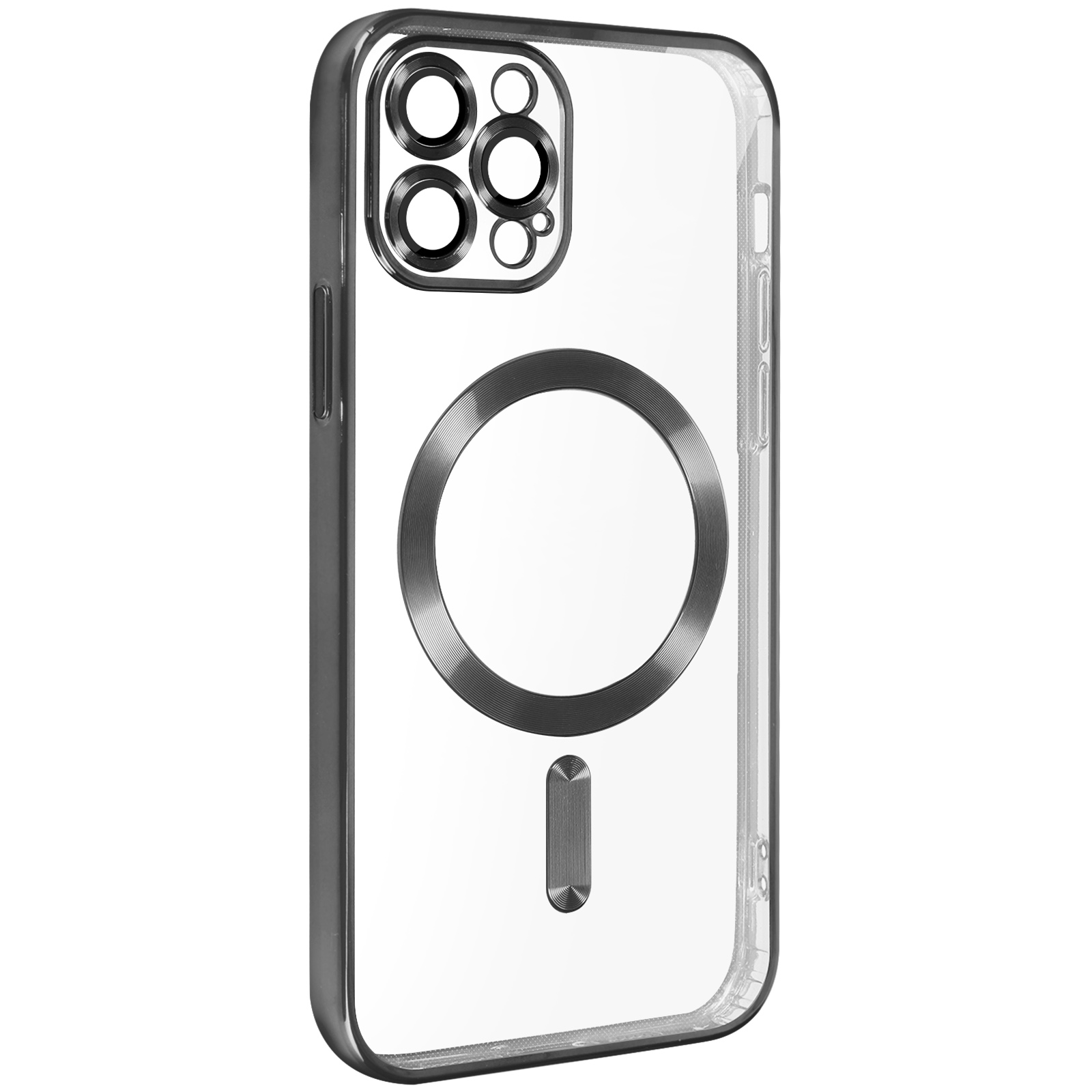 Transparente Handyhülle mit dunkelgrauem Rand. Sie hat Aussparungen für Kamera und Aufladung.
