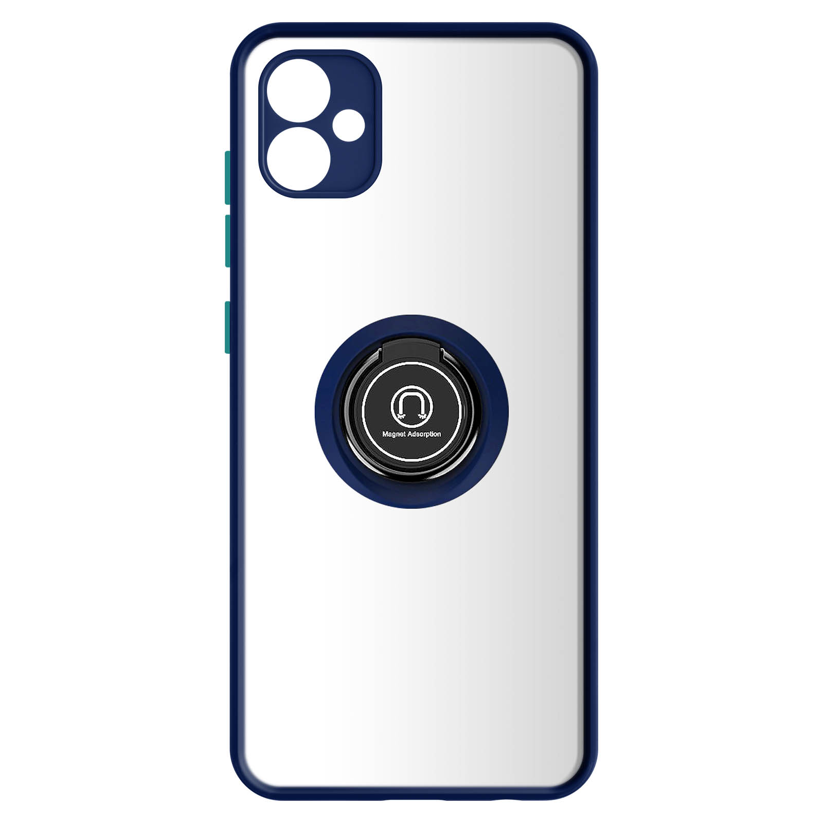 Custodia per telefono bianca con un supporto ad anello blu scuro.