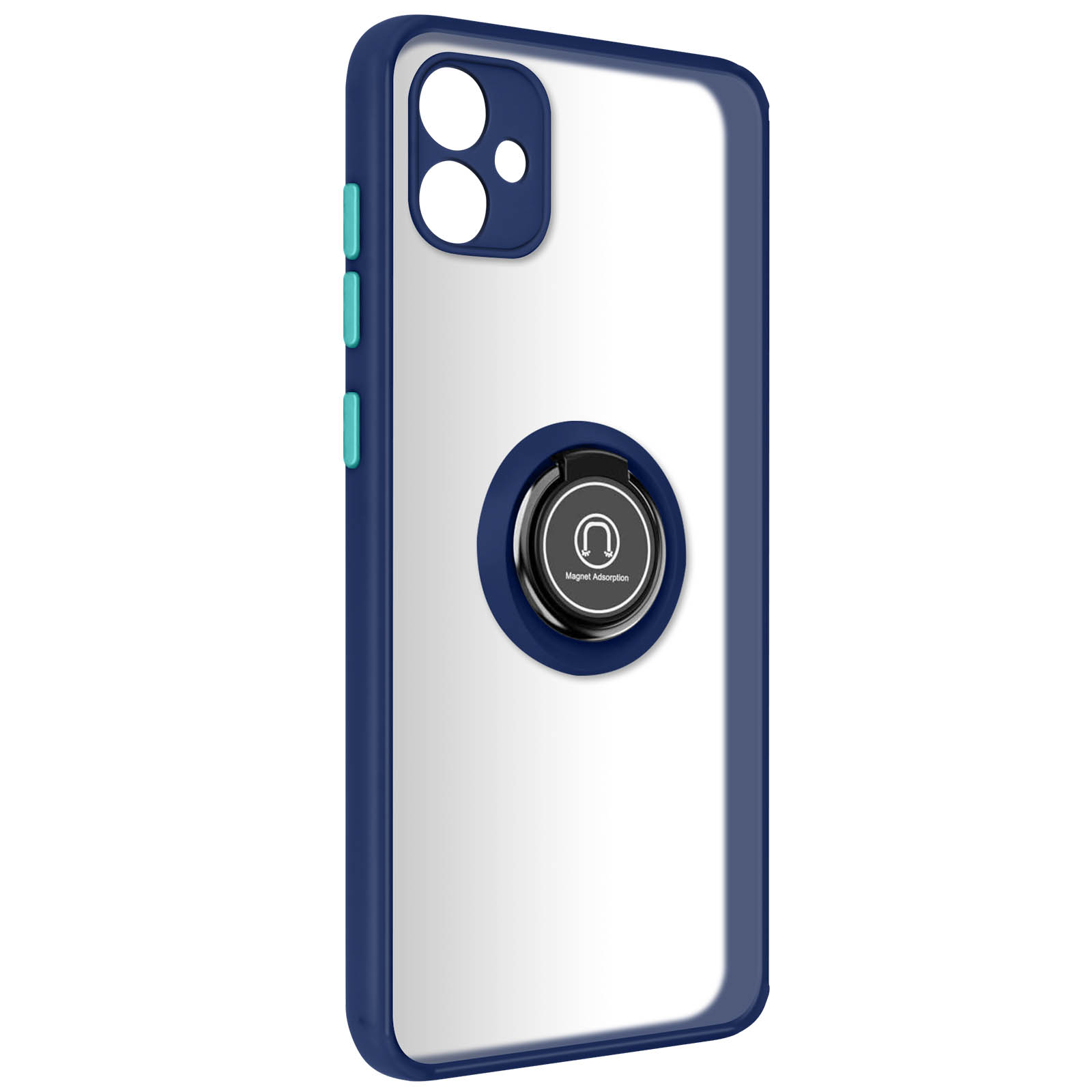 Custodia blu per telefono con supporto ad anello e retro trasparente. La custodia è su sfondo bianco.