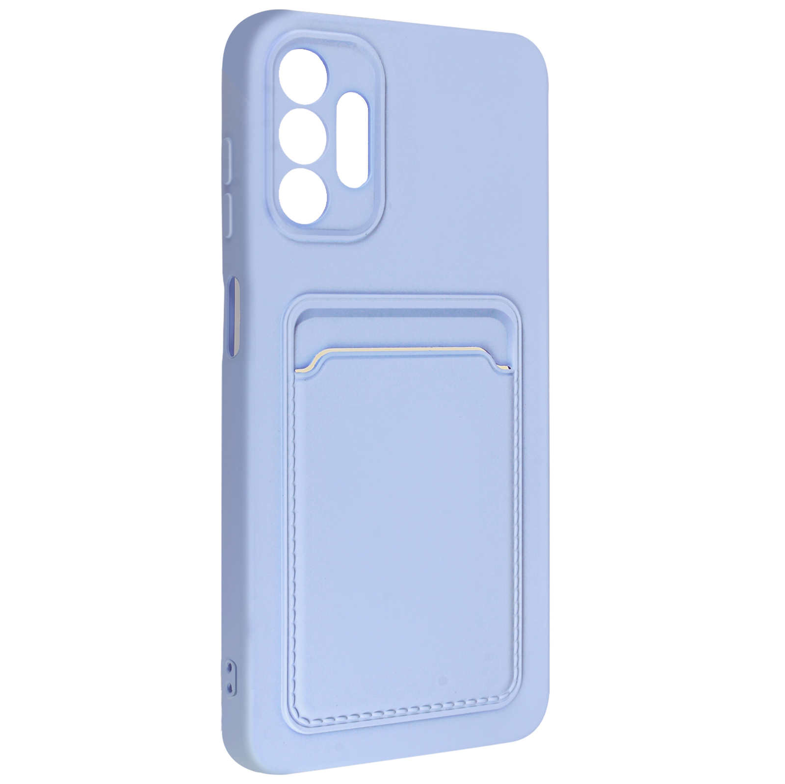 Custodia blu per telefono con tasca per carte sul retro.